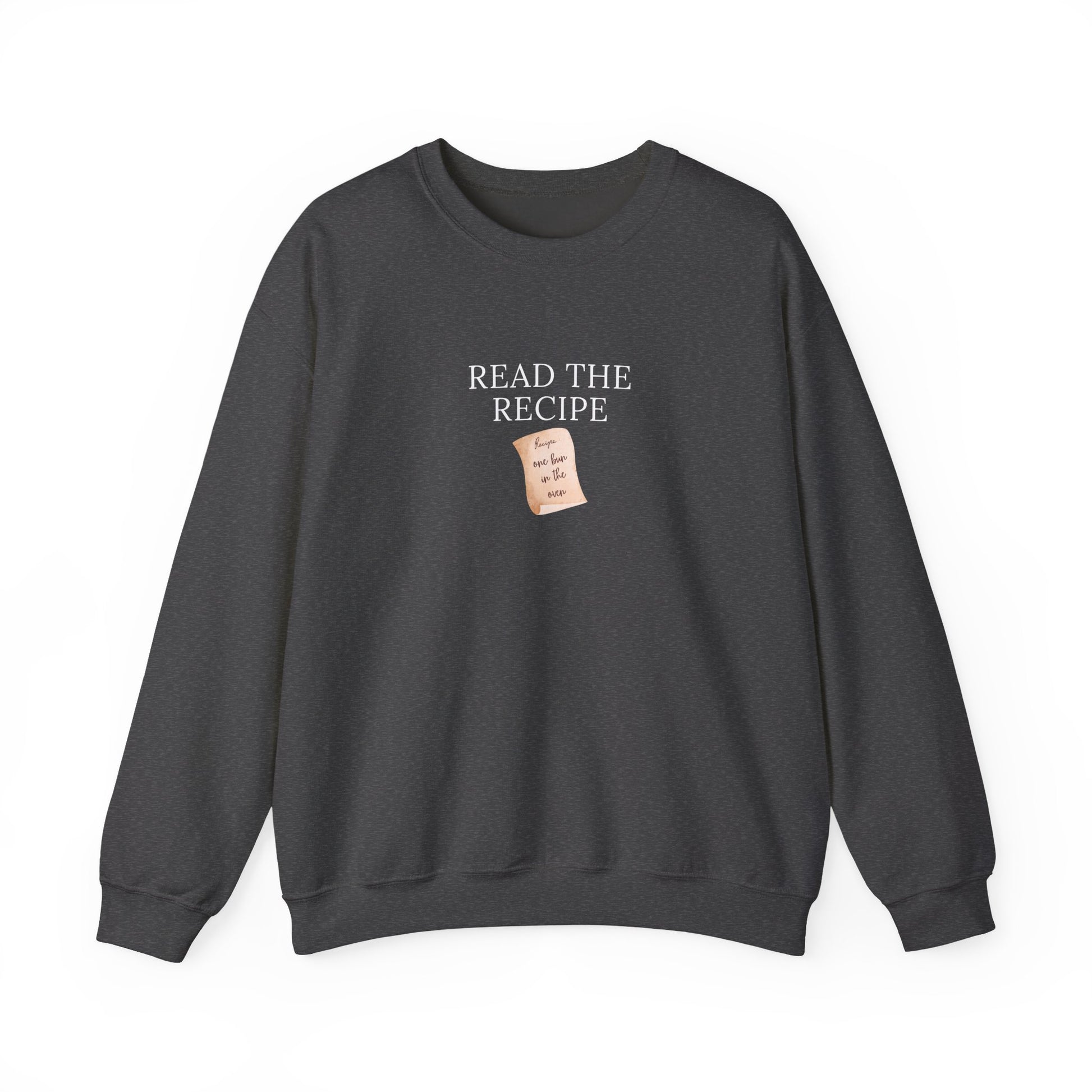 Dark gray sweatshirt with 'Read the Recipe' text and a small label on a white background