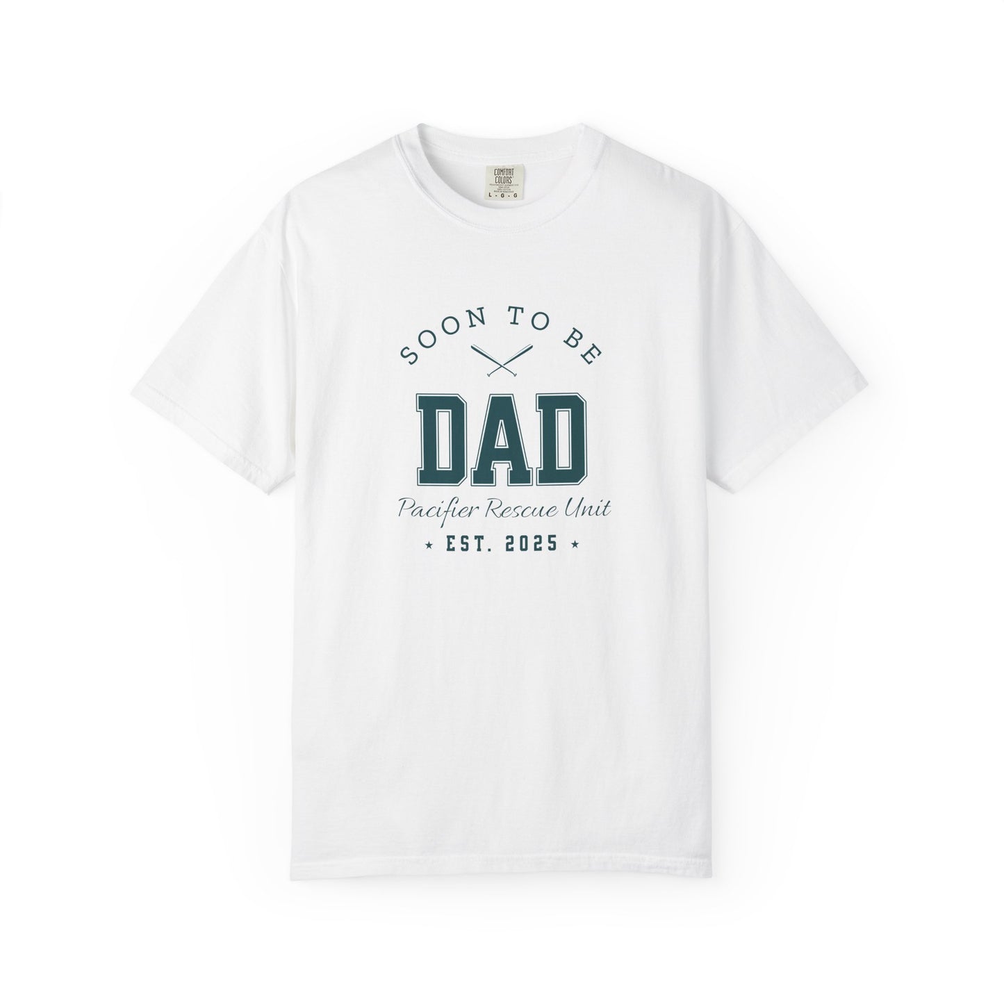 White t-shirt with 'Soon to be Dad' text on a white background