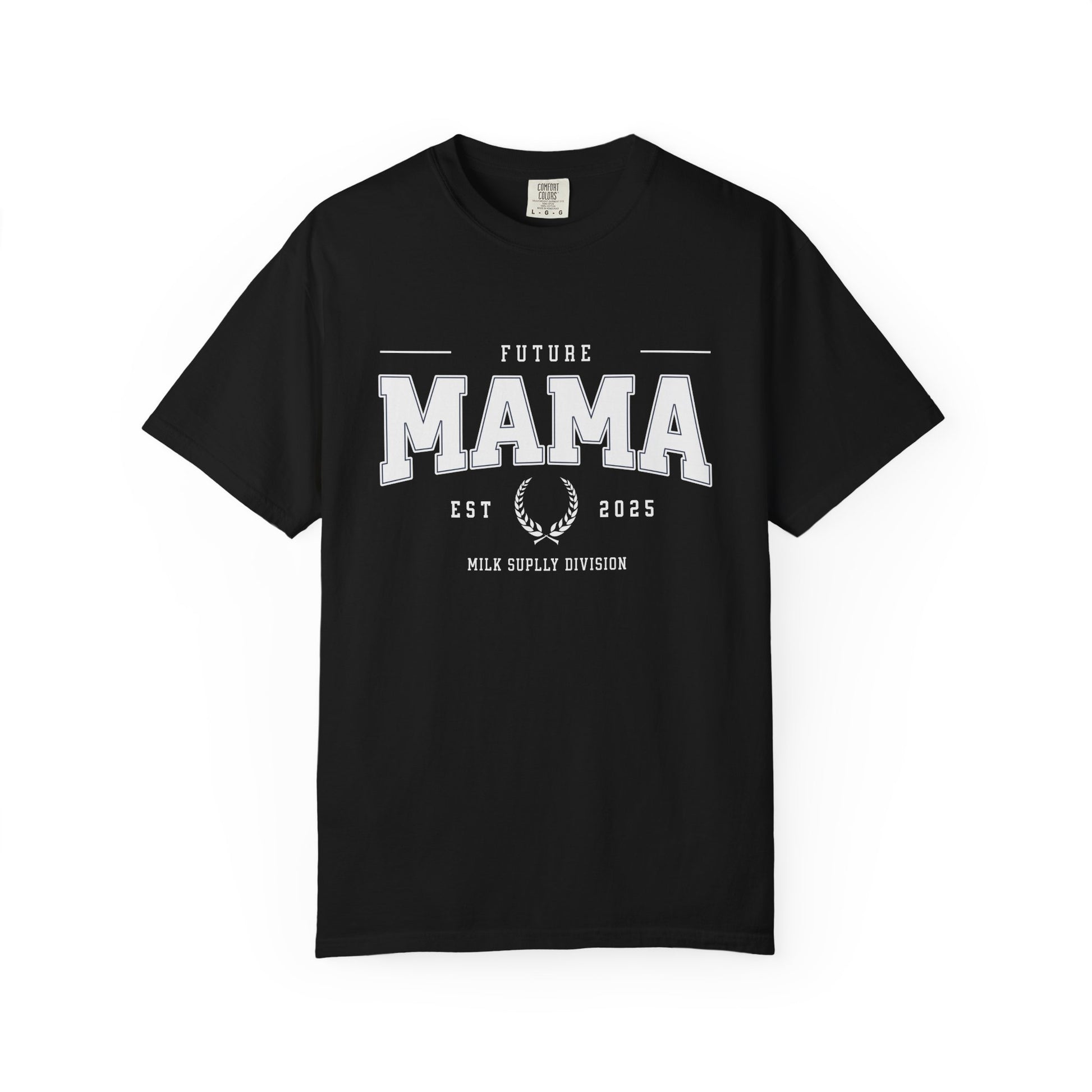 Black t-shirt with 'Future Mama' text on a white background