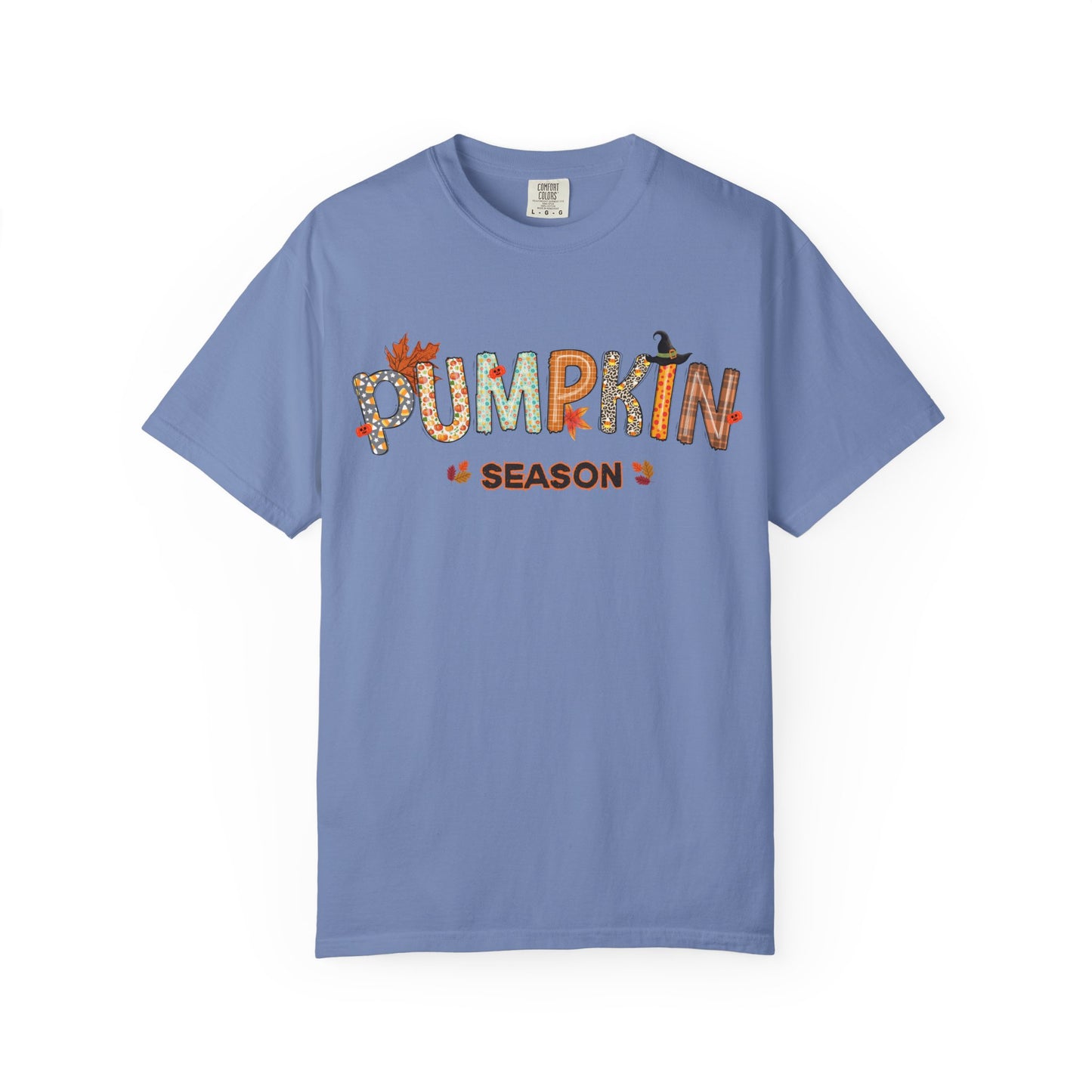 Blue t-shirt with 'Pumpkin Season' text on a white background