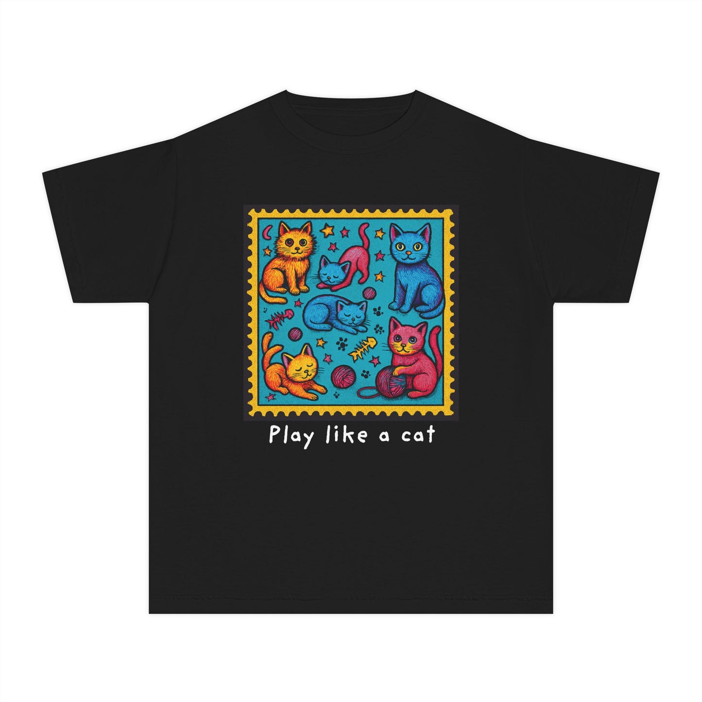 Play Like A Cat Pop Art Style Youth Tee, Comfort Colors T-Shirt for Kids, Cat Lover Gift, Graphic Print Shirt, Kitty Theme Clothing