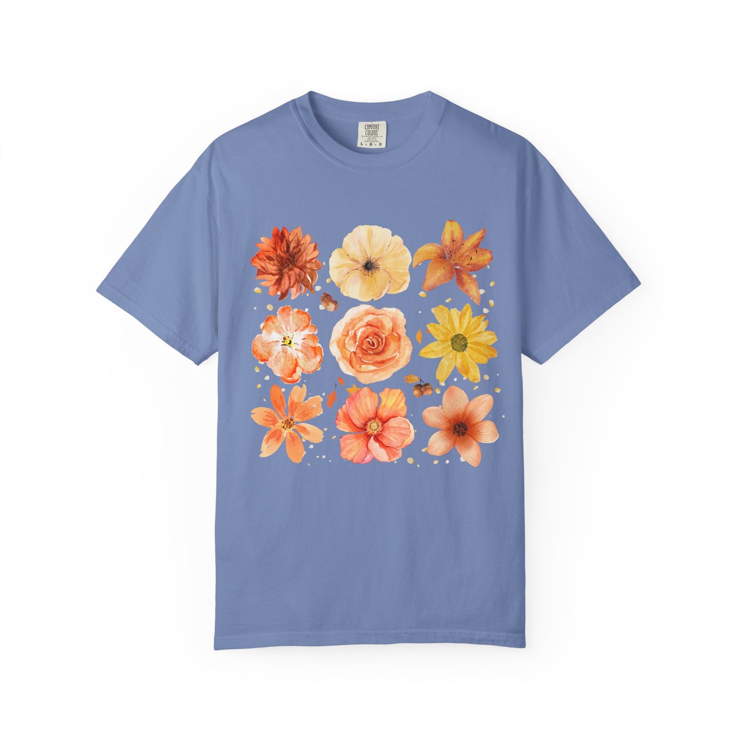 Blue t-shirt with colorful floral design on a white background