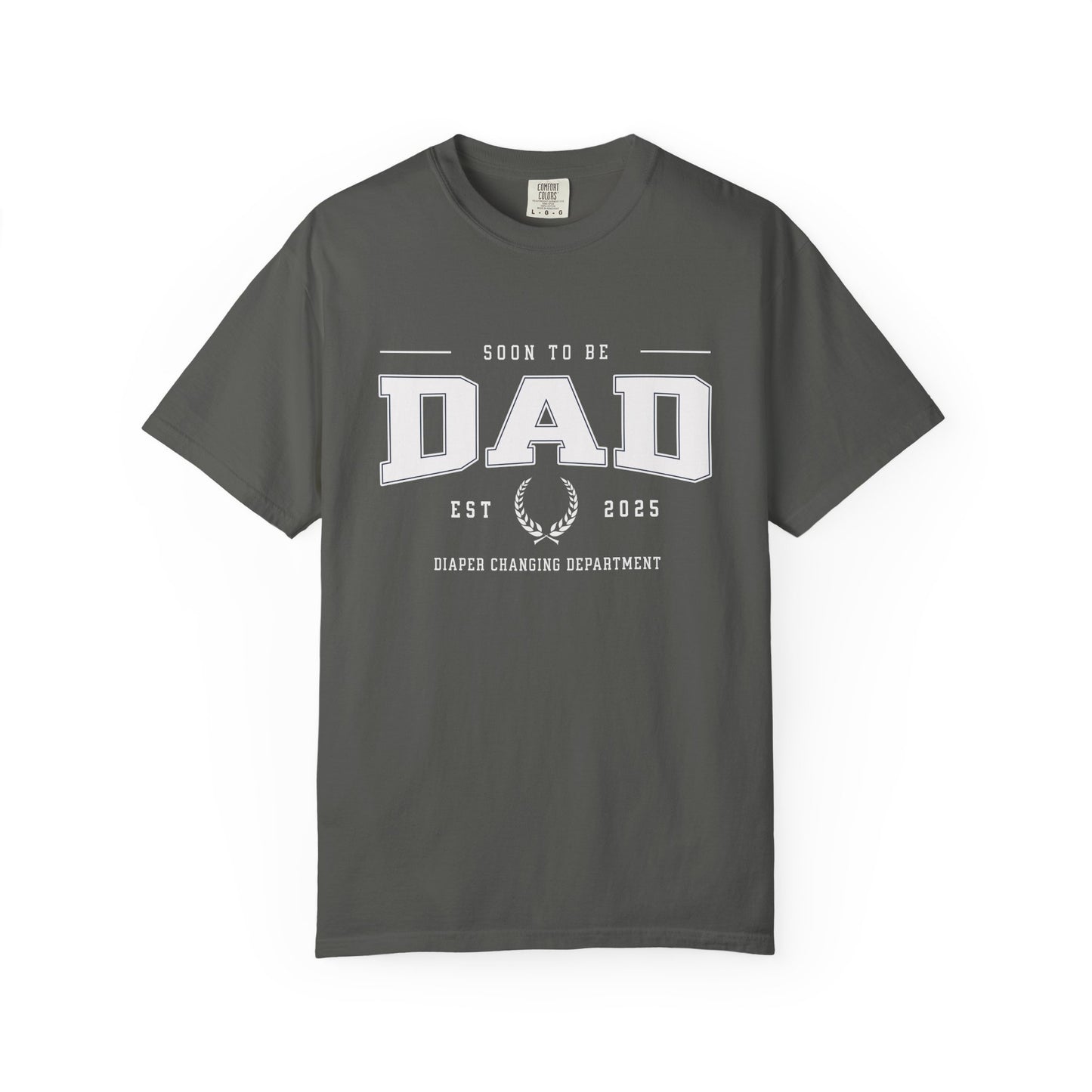Gray t-shirt with 'Soon to be Dad' text on a white background