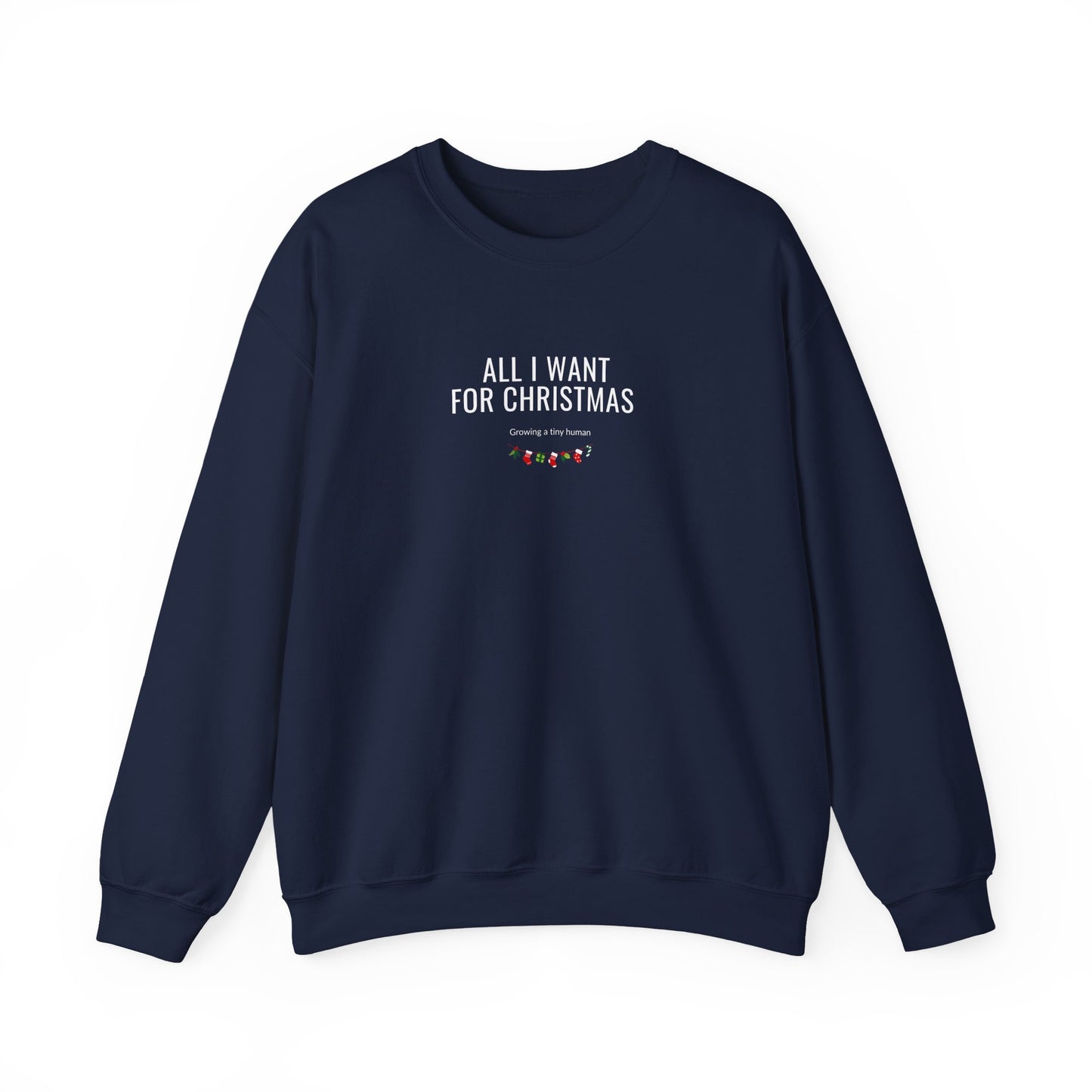 Navy blue sweatshirt with text 'All I Want for Christmas' on a white background