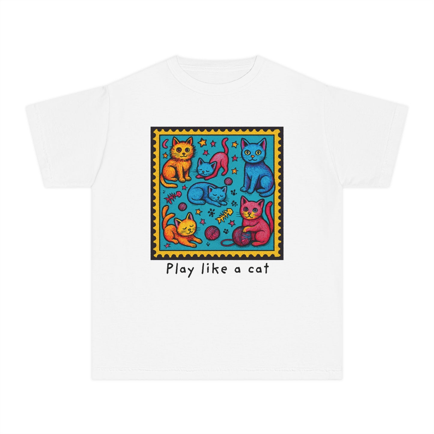 Play Like A Cat Pop Art Style Youth Tee, Comfort Colors T-Shirt for Kids, Cat Lover Gift, Graphic Print Shirt, Kitty Theme Clothing