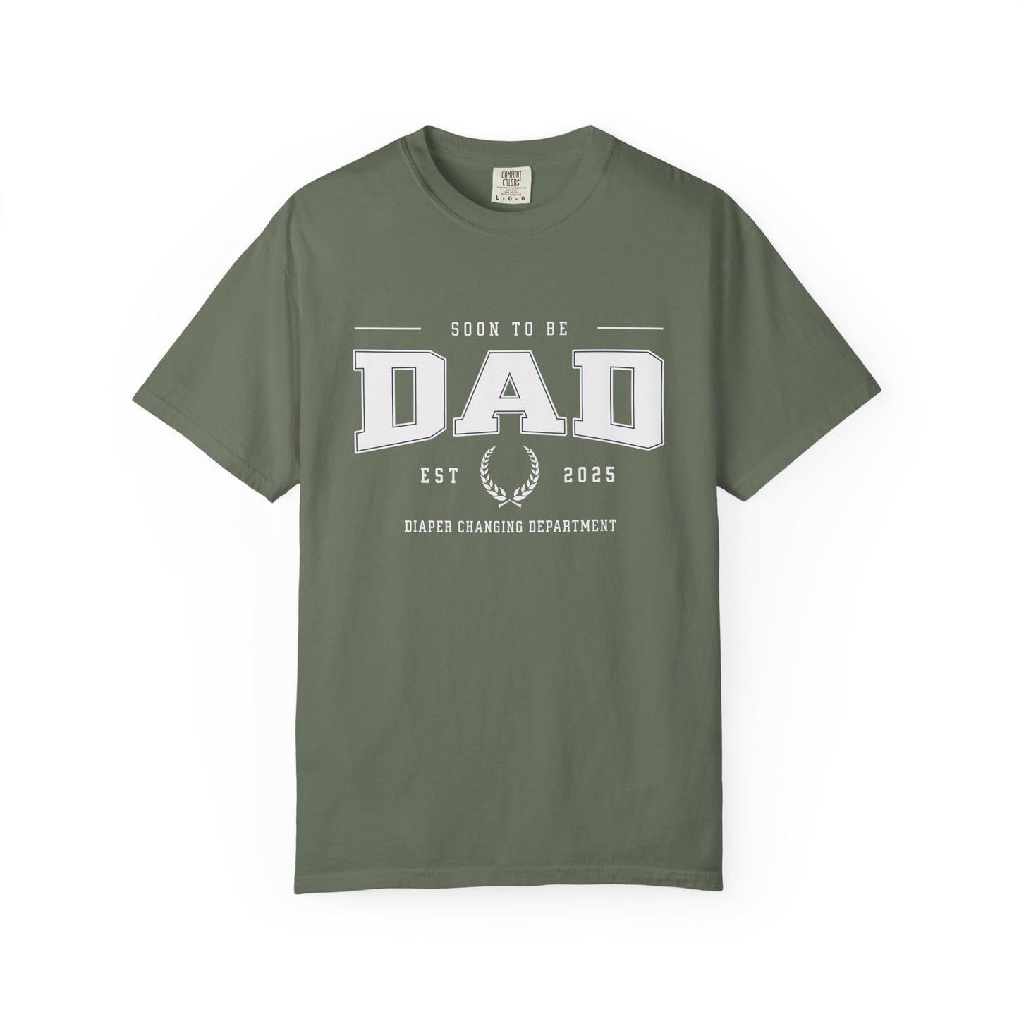 Green t-shirt with 'Soon to be Dad' text on a white background