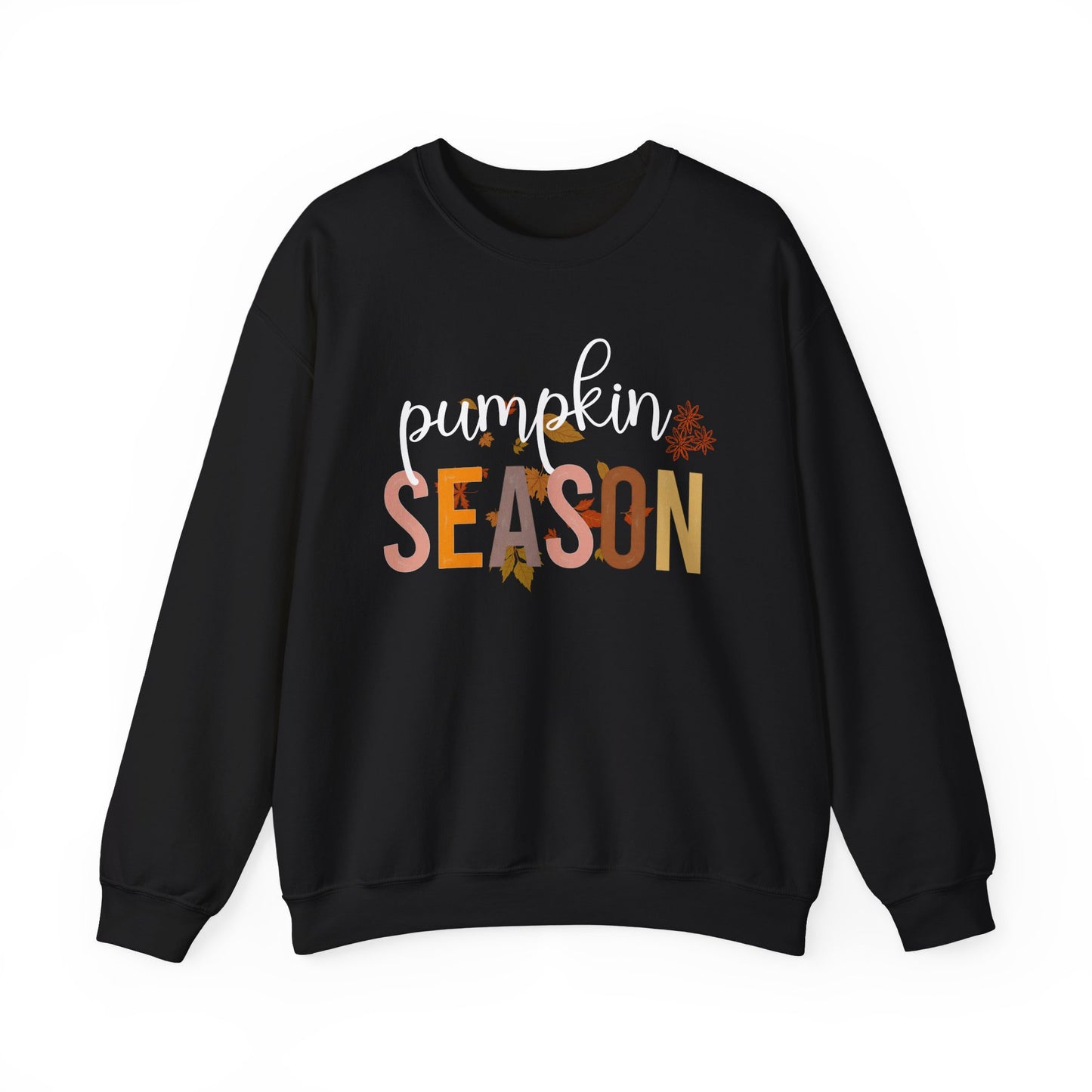 Black sweatshirt with 'pumpkin season' text on a white background
