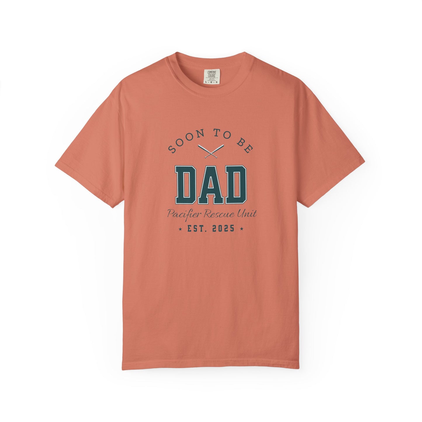 Coral t-shirt with 'Soon to be Dad' text on a white background