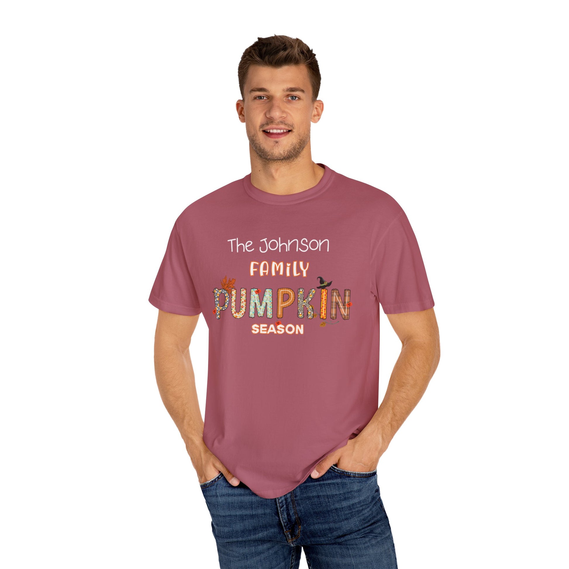 Man wearing a maroon t-shirt with 'The Johnson Family Pumpkin Season' text on a white background