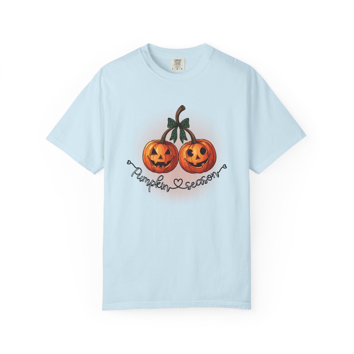 Light blue t-shirt with pumpkin design and 'Pumpkin Season' text on a white background