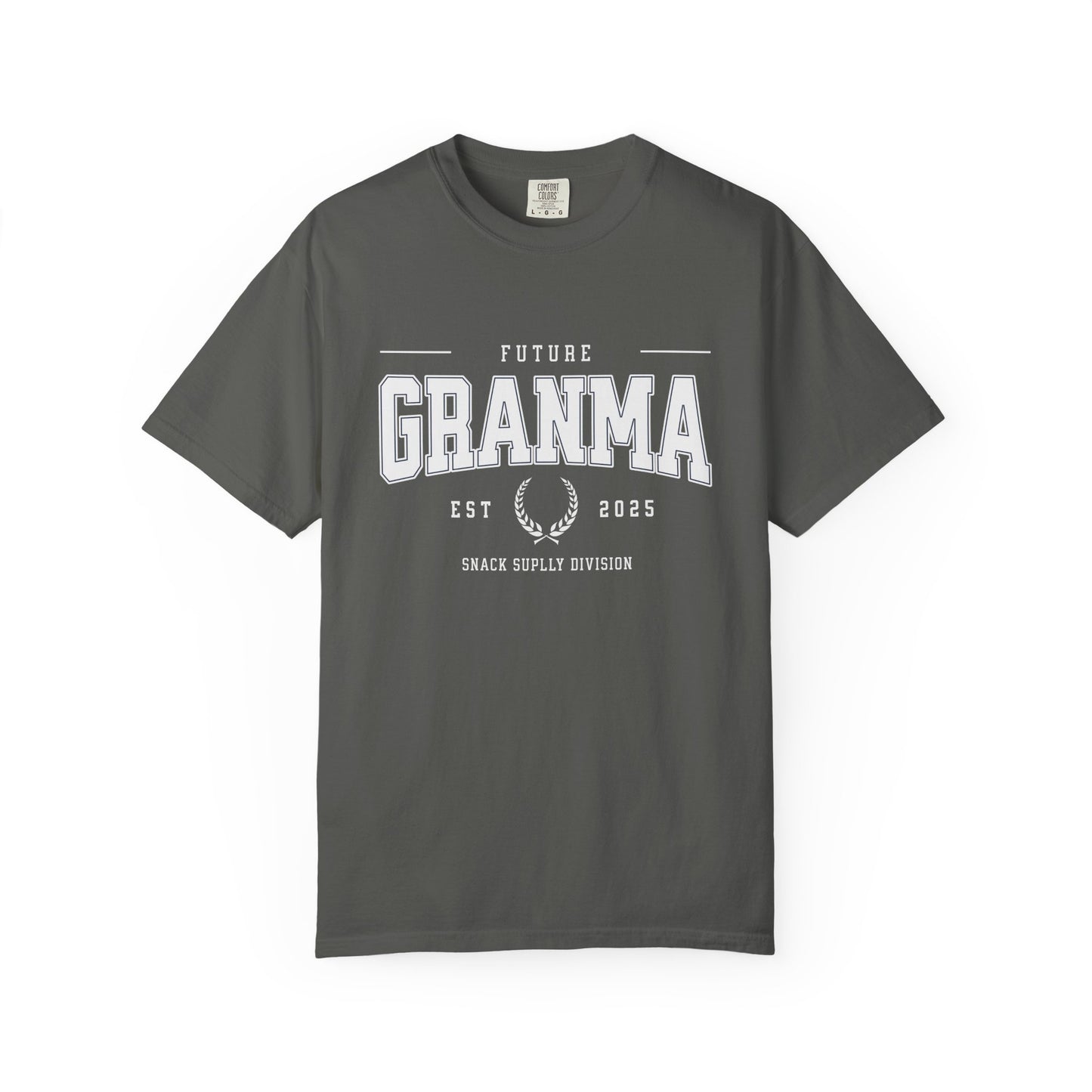 Gray t-shirt with 'Future Granma' text on a white background