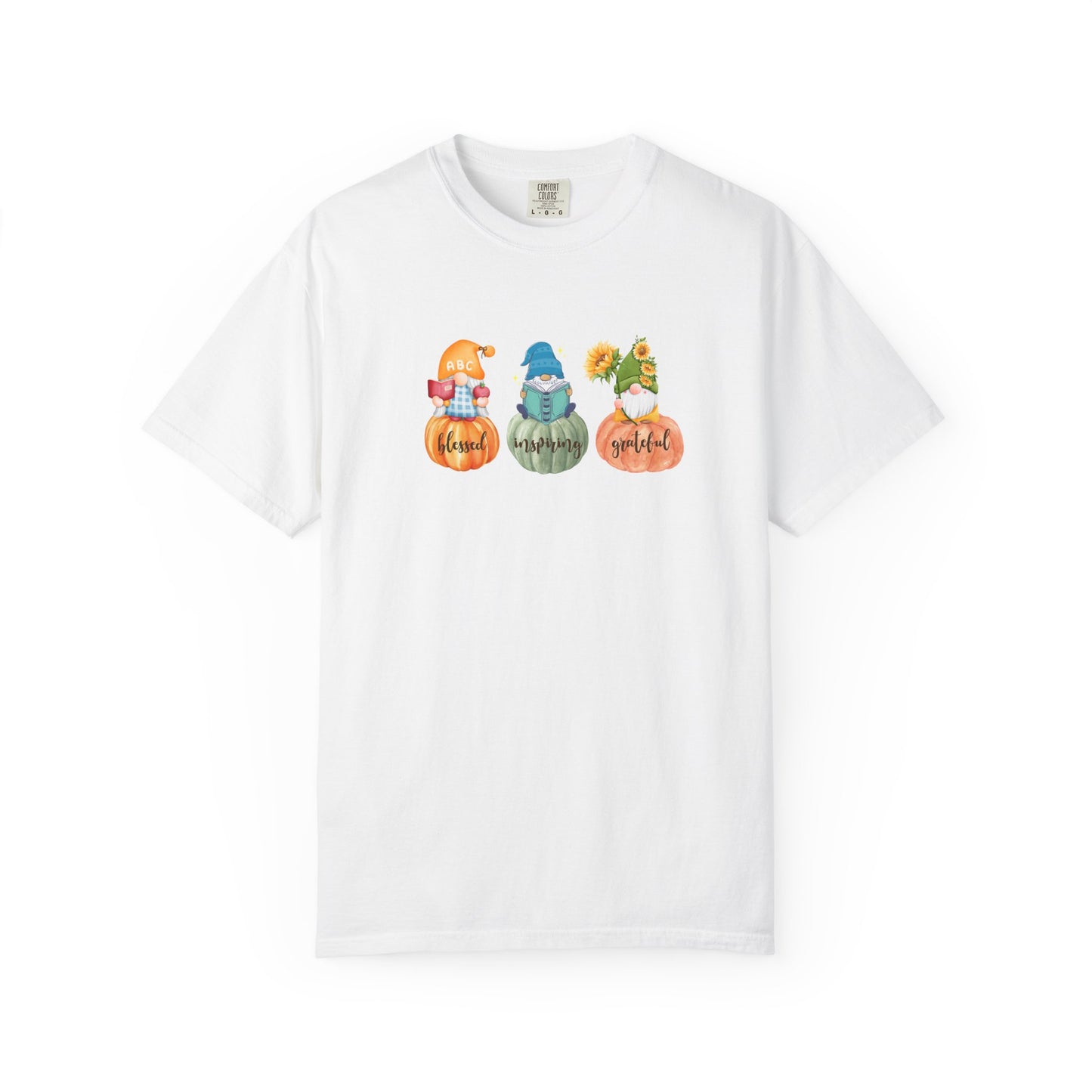White t-shirt with colorful gnome design on a white background