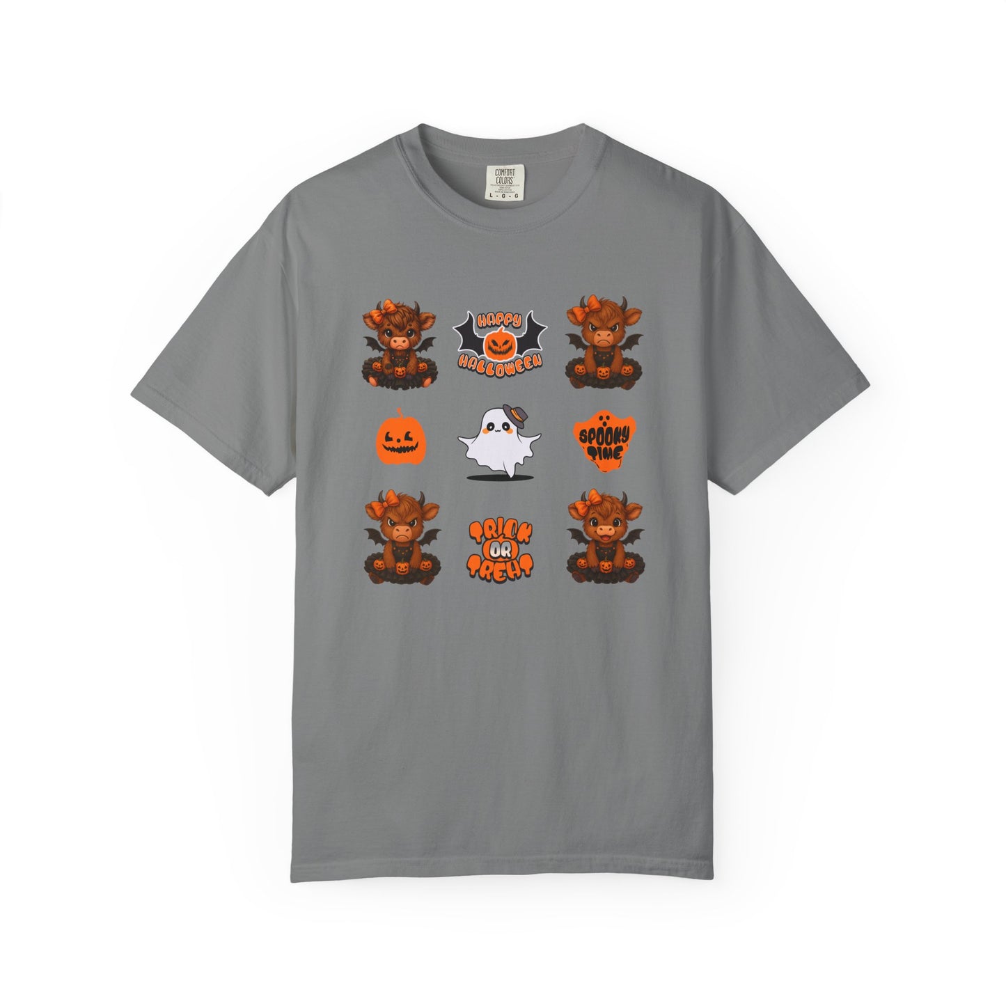 Gray t-shirt with Halloween-themed graphics on a white background