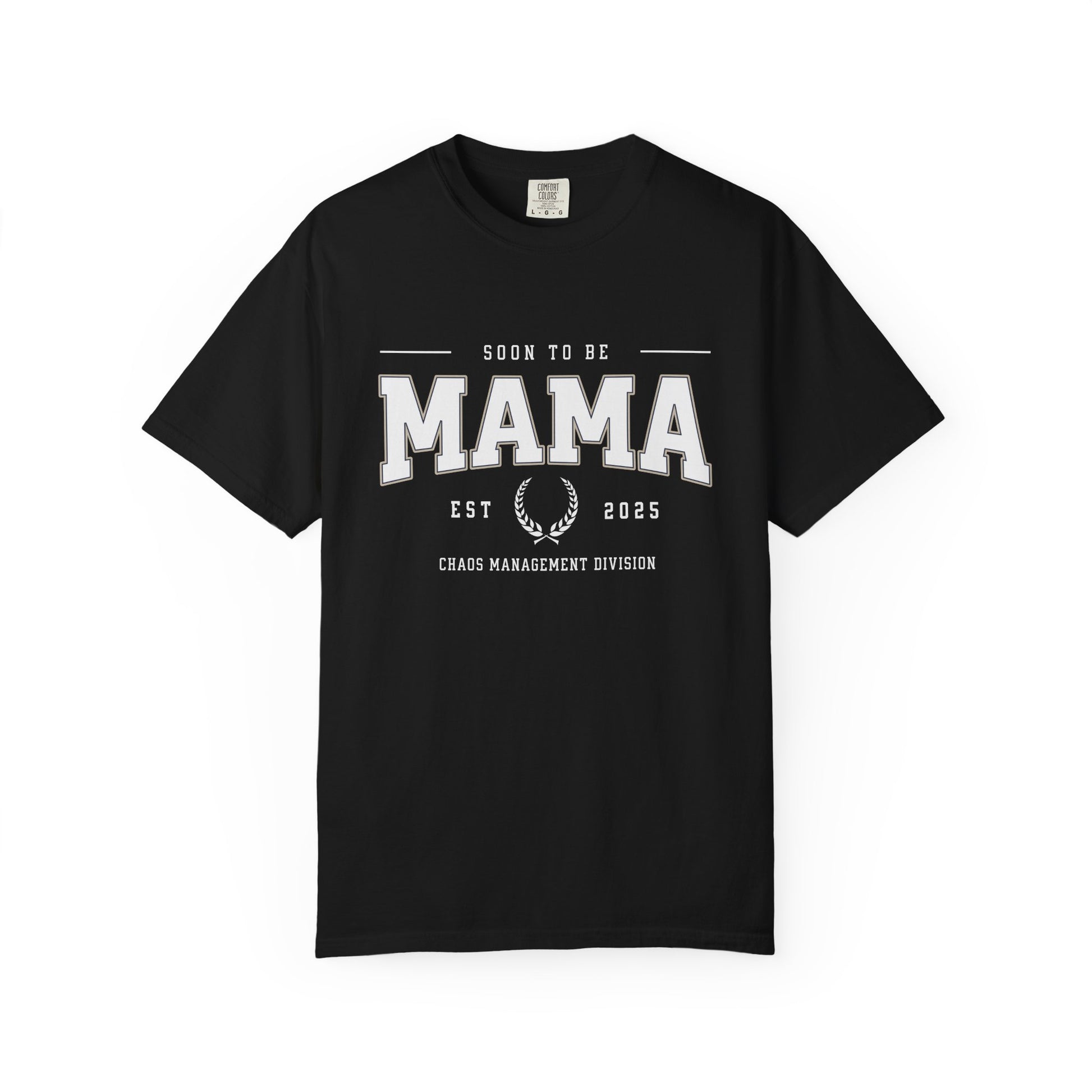 Black t-shirt with 'Soon to be Mama' text on a white background