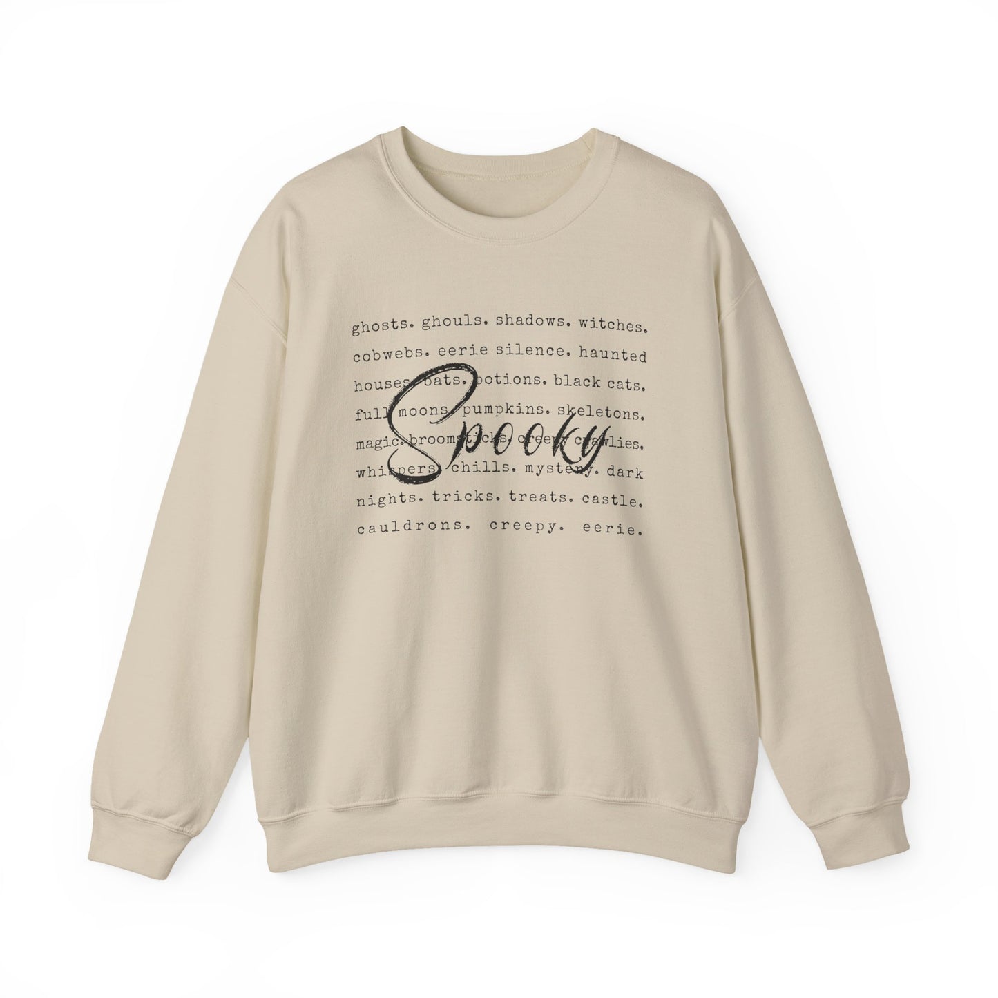 Beige sweatshirt with Halloween-themed text on a white background