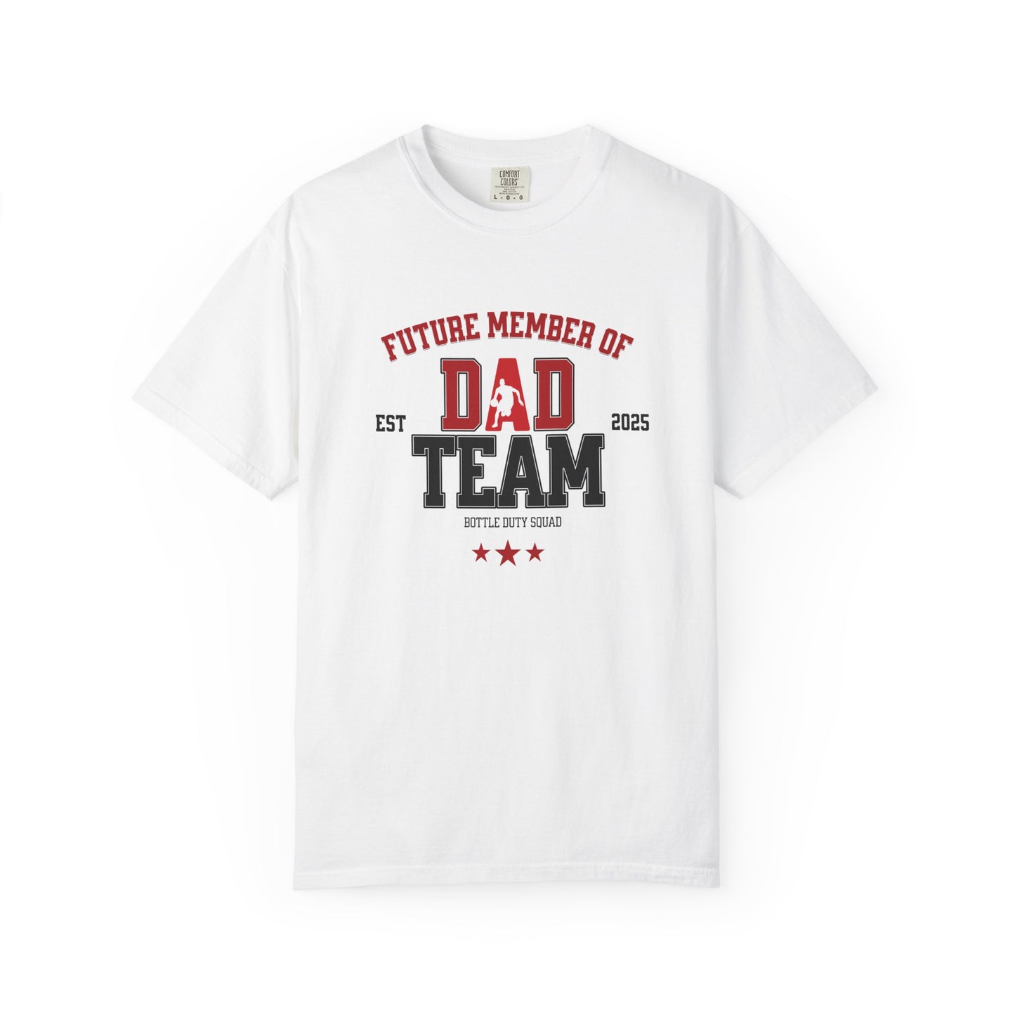 White t-shirt with 'Future Member of Dad Team' text and graphics on a white background