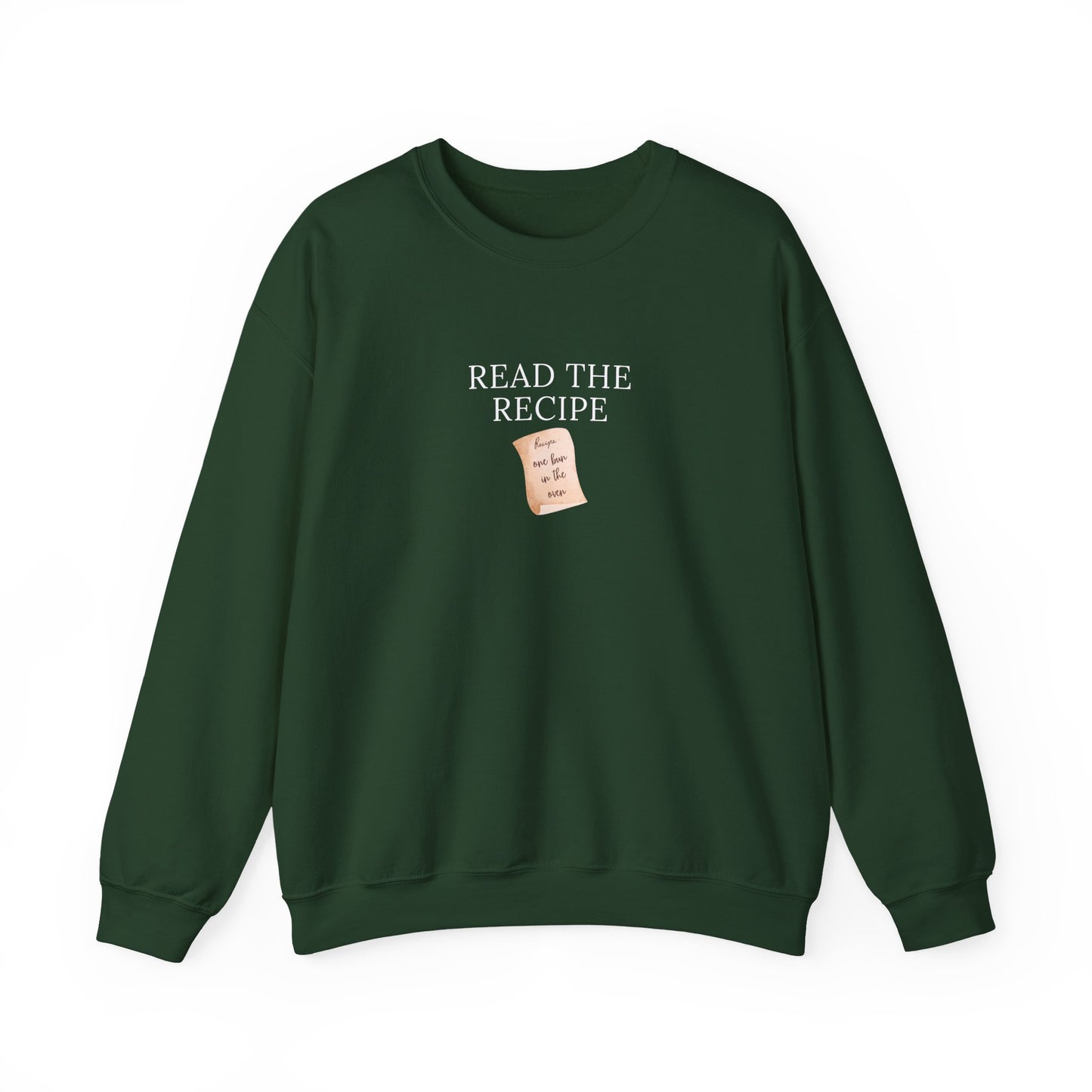 Green sweatshirt with 'READ THE RECIPE' text and a small label on a white background