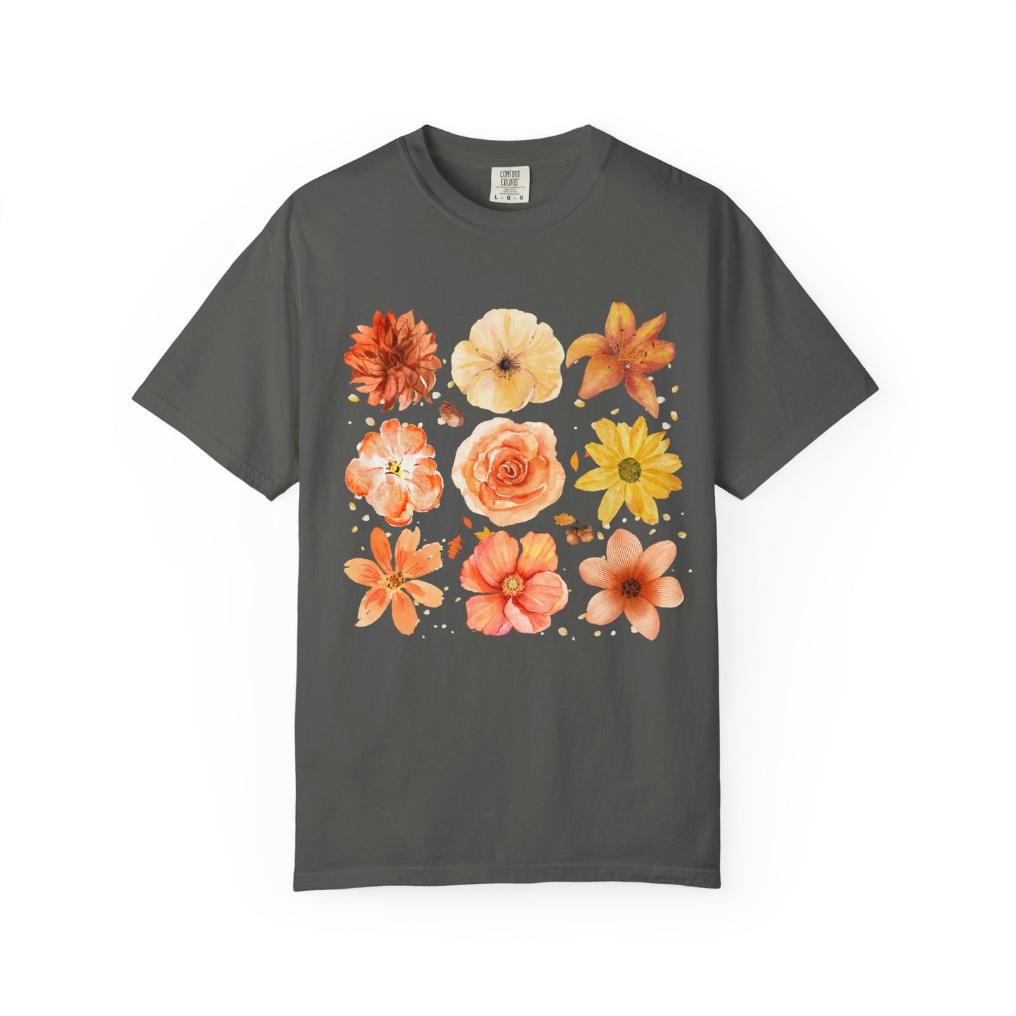 Gray t-shirt with colorful floral design on a white background