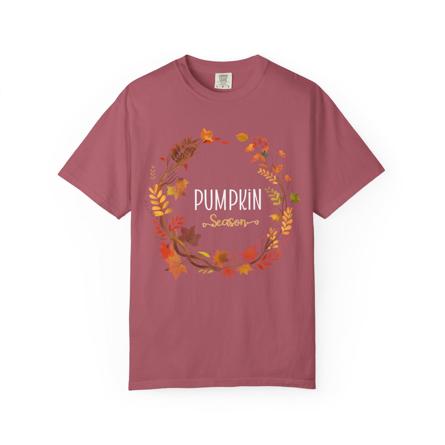 Maroon t-shirt with 'Pumpkin Season' design featuring leaves on a white background