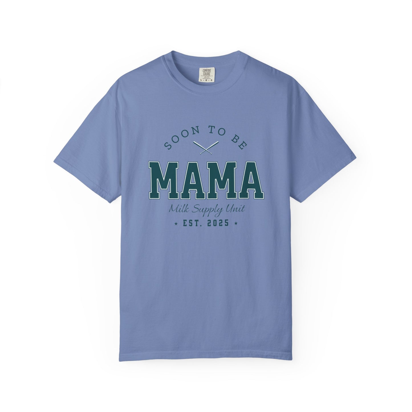 Blue t-shirt with 'Soon to be Mama' text on a white background