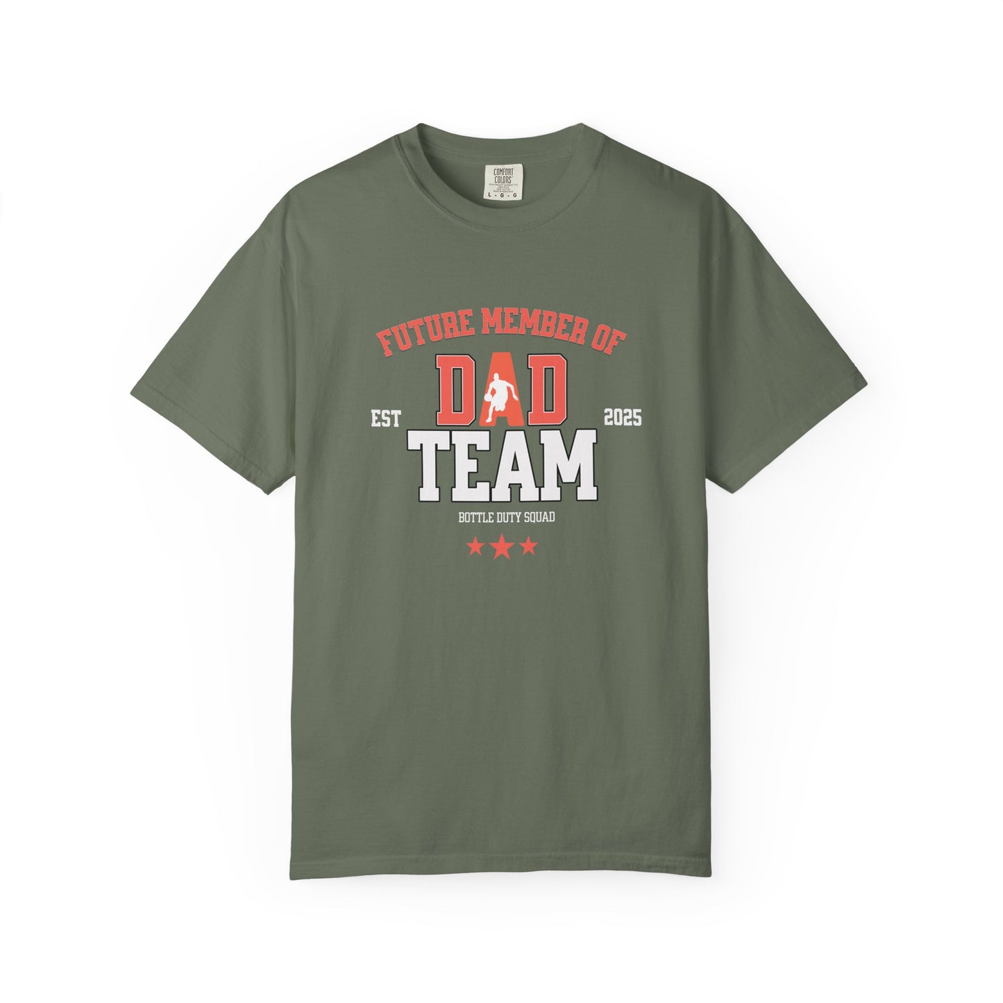 Green t-shirt with 'Future Member of Dad Team' text on a white background