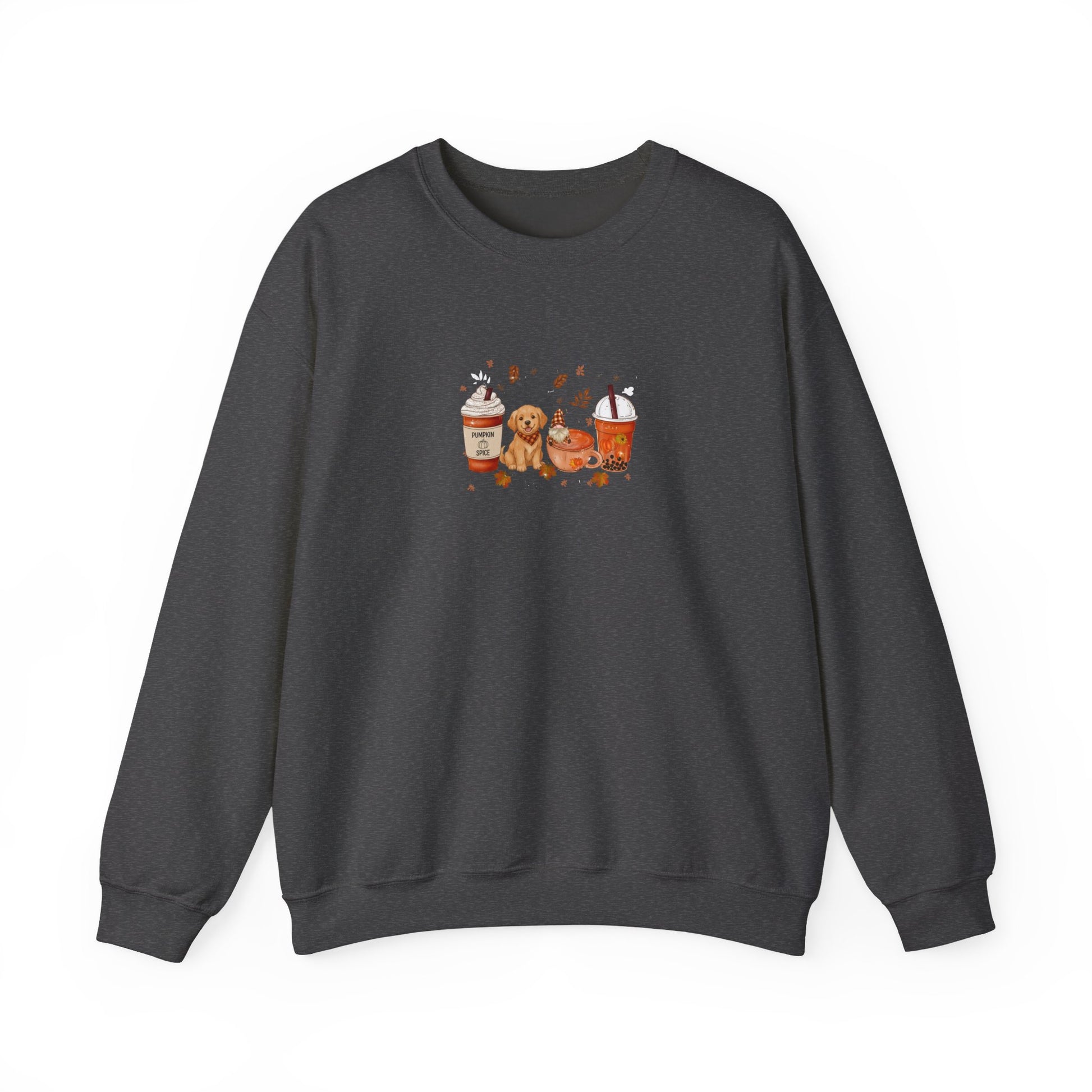 Dark gray sweatshirt with a graphic of a dog and coffee cups on a white background