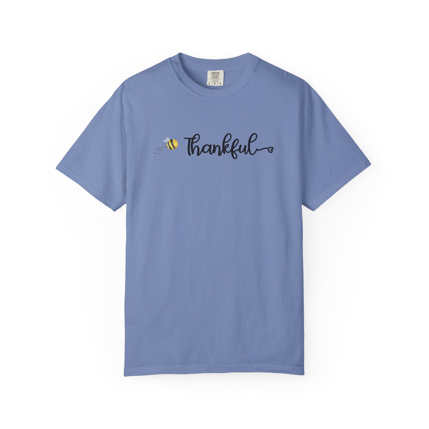 Blue t-shirt with 'Thankful' and a bee graphic on a white background