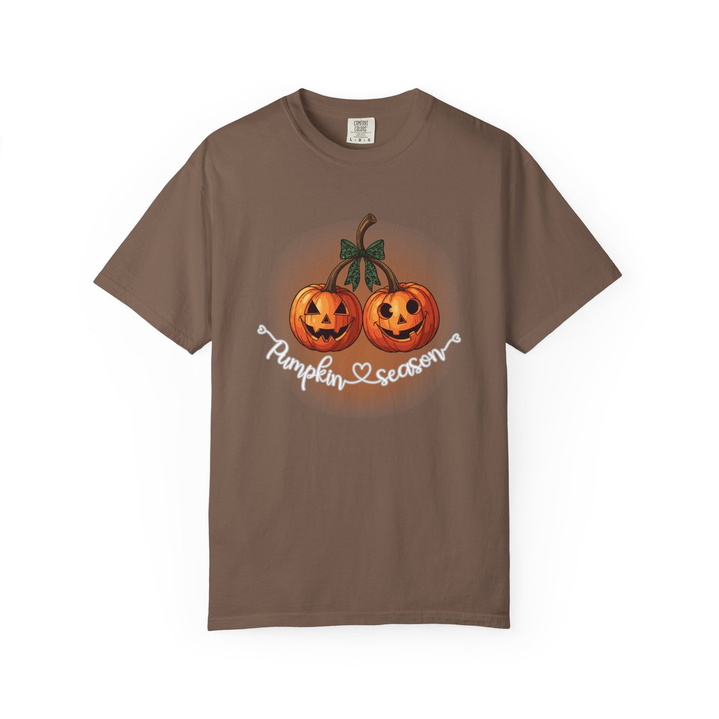 Brown t-shirt with pumpkin design and 'Pumpkin Season' text on a white background