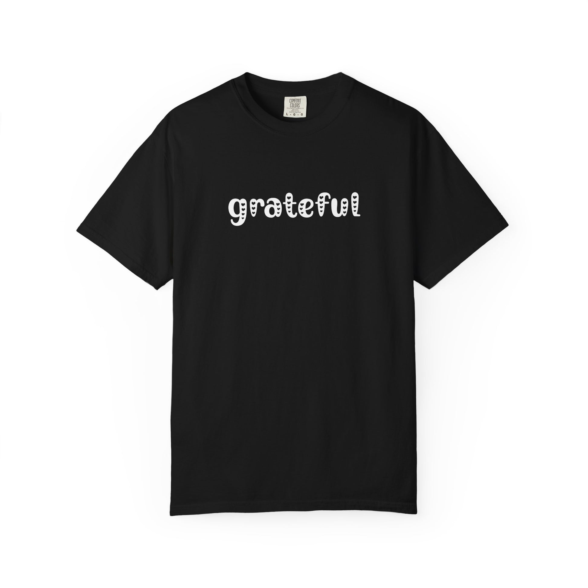 Black t-shirt with 'grateful' text on a white background