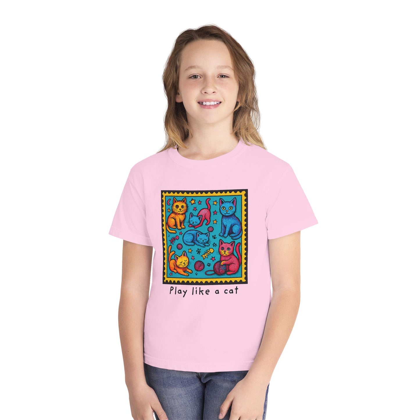 Play Like A Cat Pop Art Style Youth Tee, Comfort Colors T-Shirt for Kids, Cat Lover Gift, Graphic Print Shirt, Kitty Theme Clothing