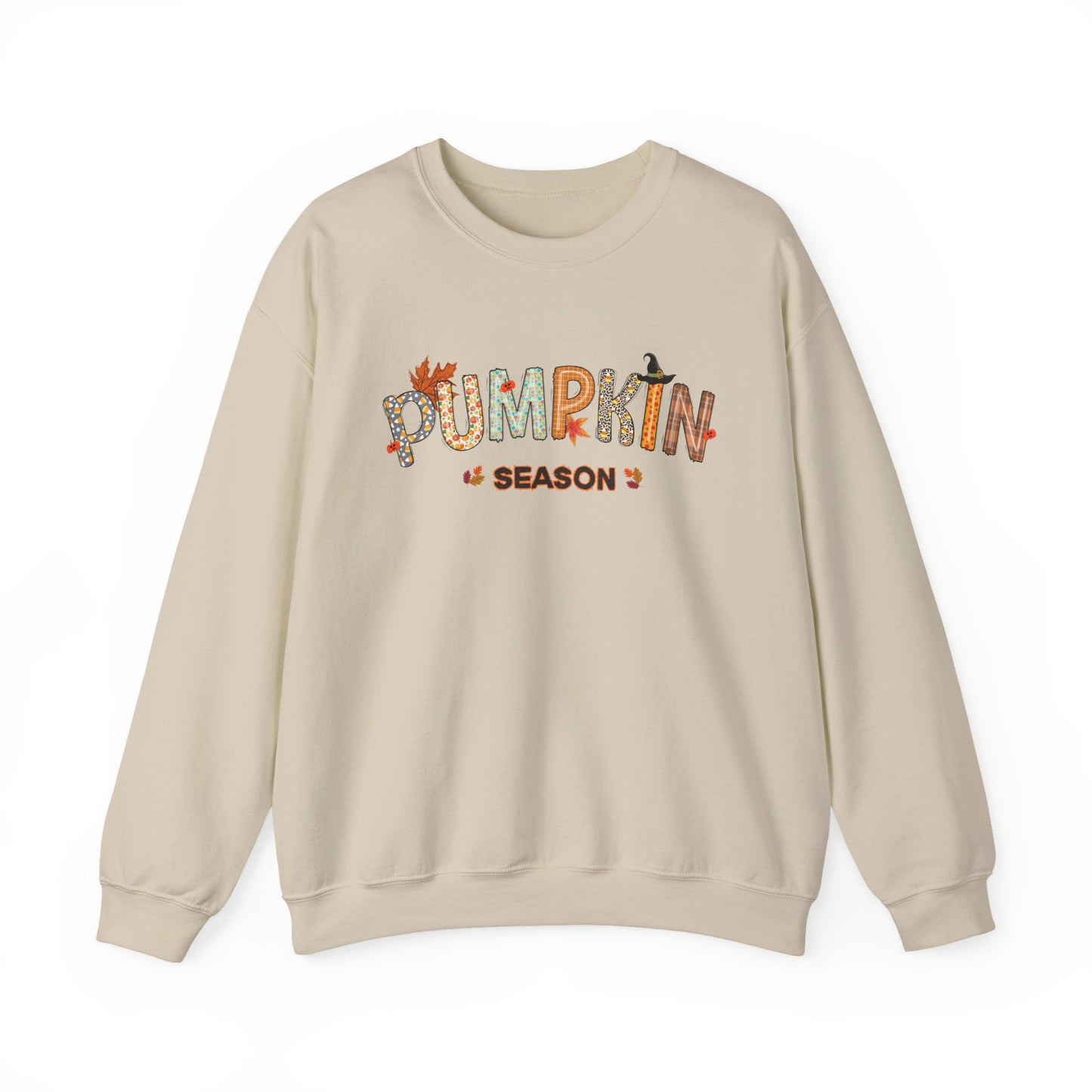 Beige sweatshirt with 'Pumpkin Season' text on a white background