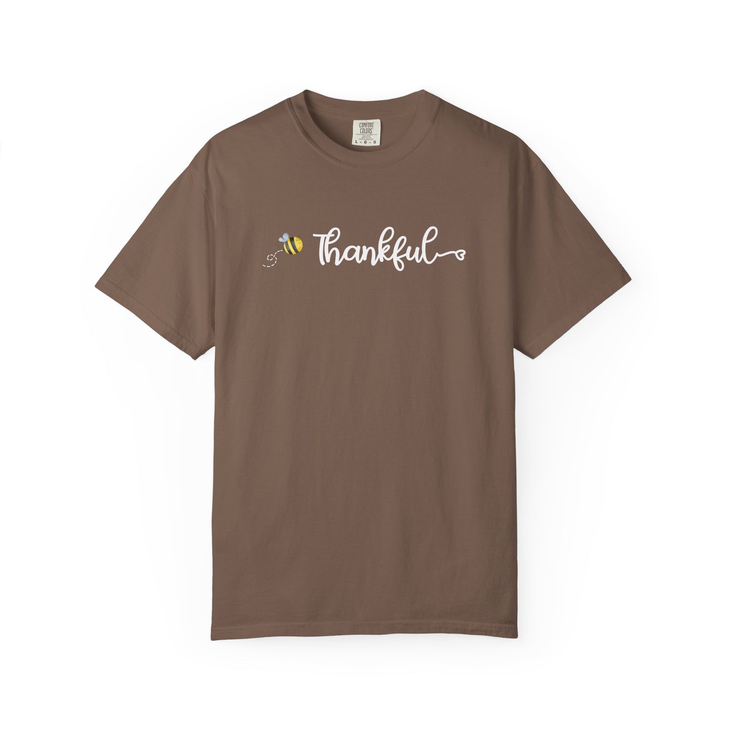 Brown t-shirt with 'Thankful' text and bee graphic on a white background
