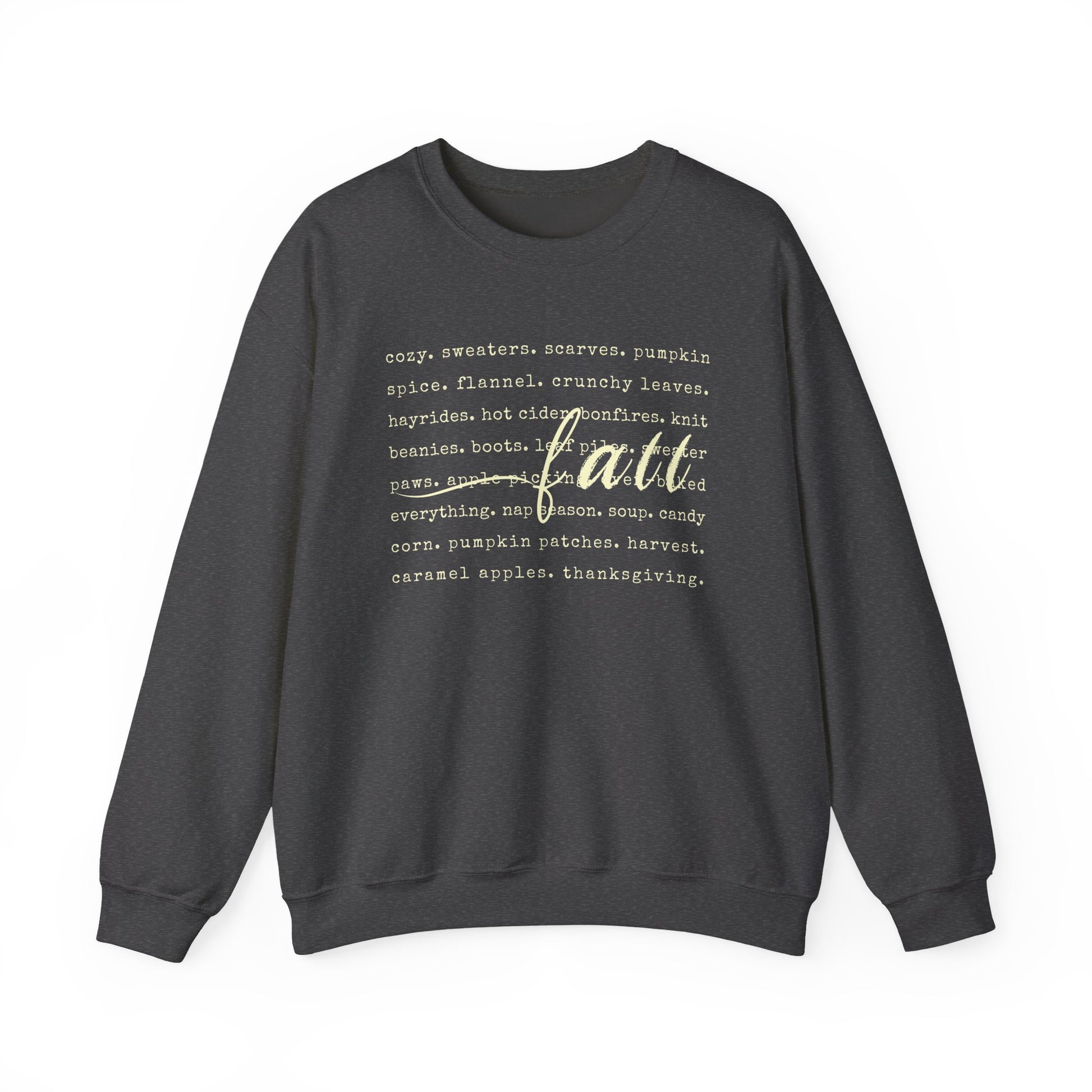 Dark gray sweatshirt with white text on a white background
