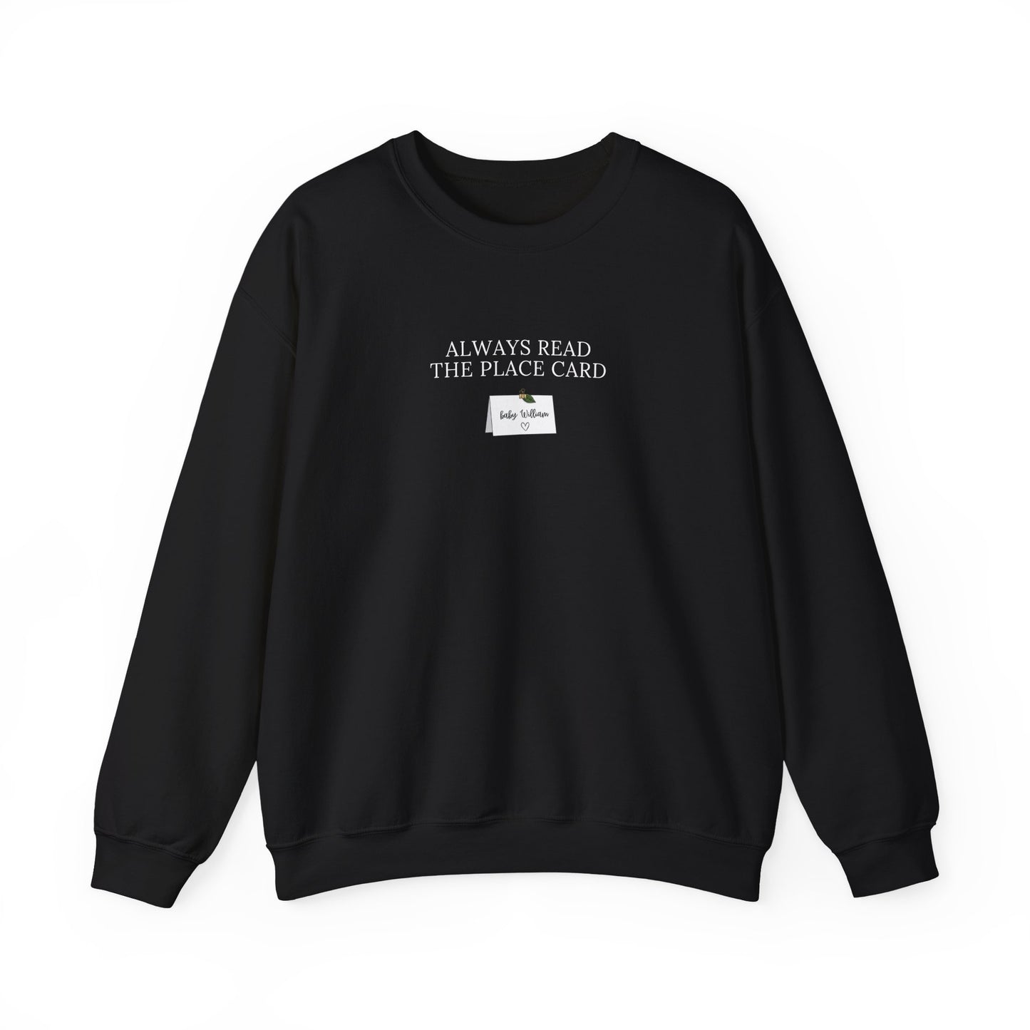 Black sweatshirt with text and a small graphic on a white background