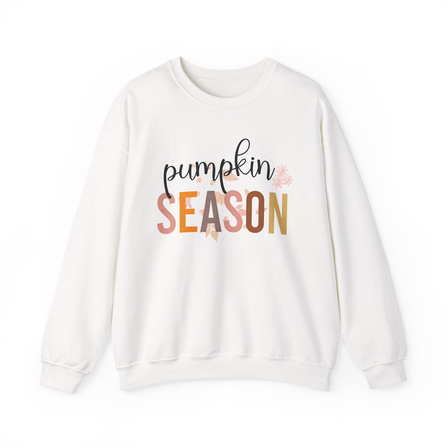 White sweatshirt with 'pumpkin season' text on a white background