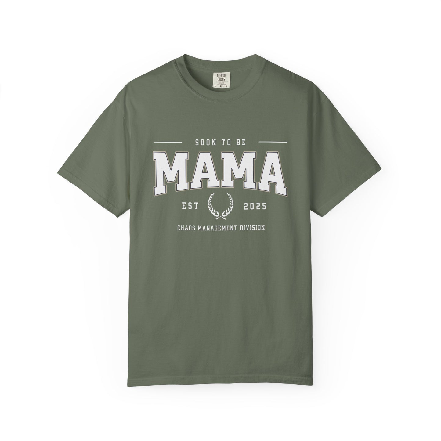 Green t-shirt with 'Soon to be Mama' text on a white background