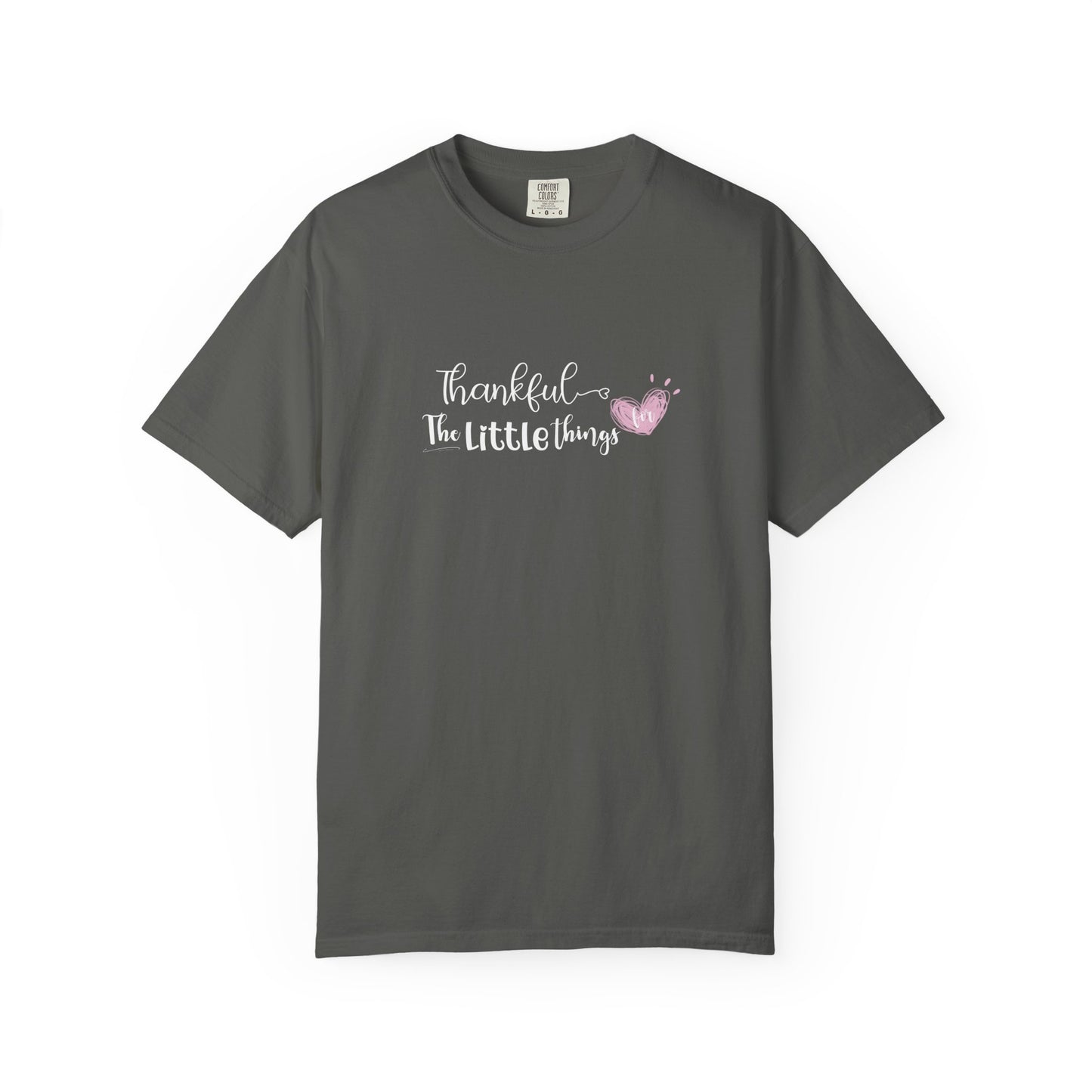 Gray t-shirt with 'thankful for the little things' text and heart design on a white background