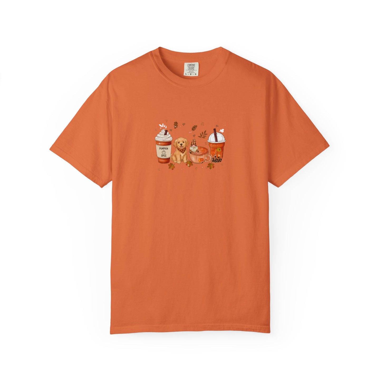 Orange t-shirt with a graphic of a dog and coffee cups on a white background