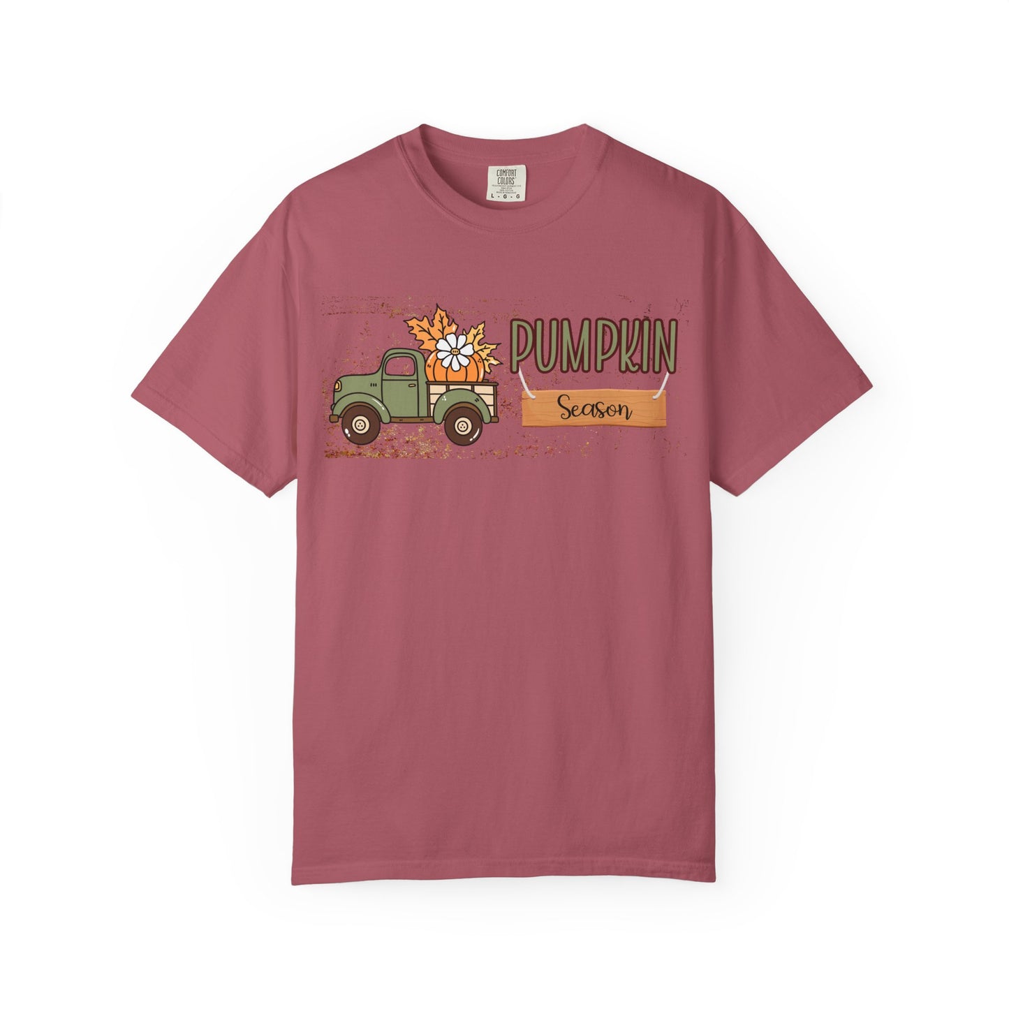 Maroon t-shirt with a graphic of a truck and 'Pumpkin Season' text on a white background