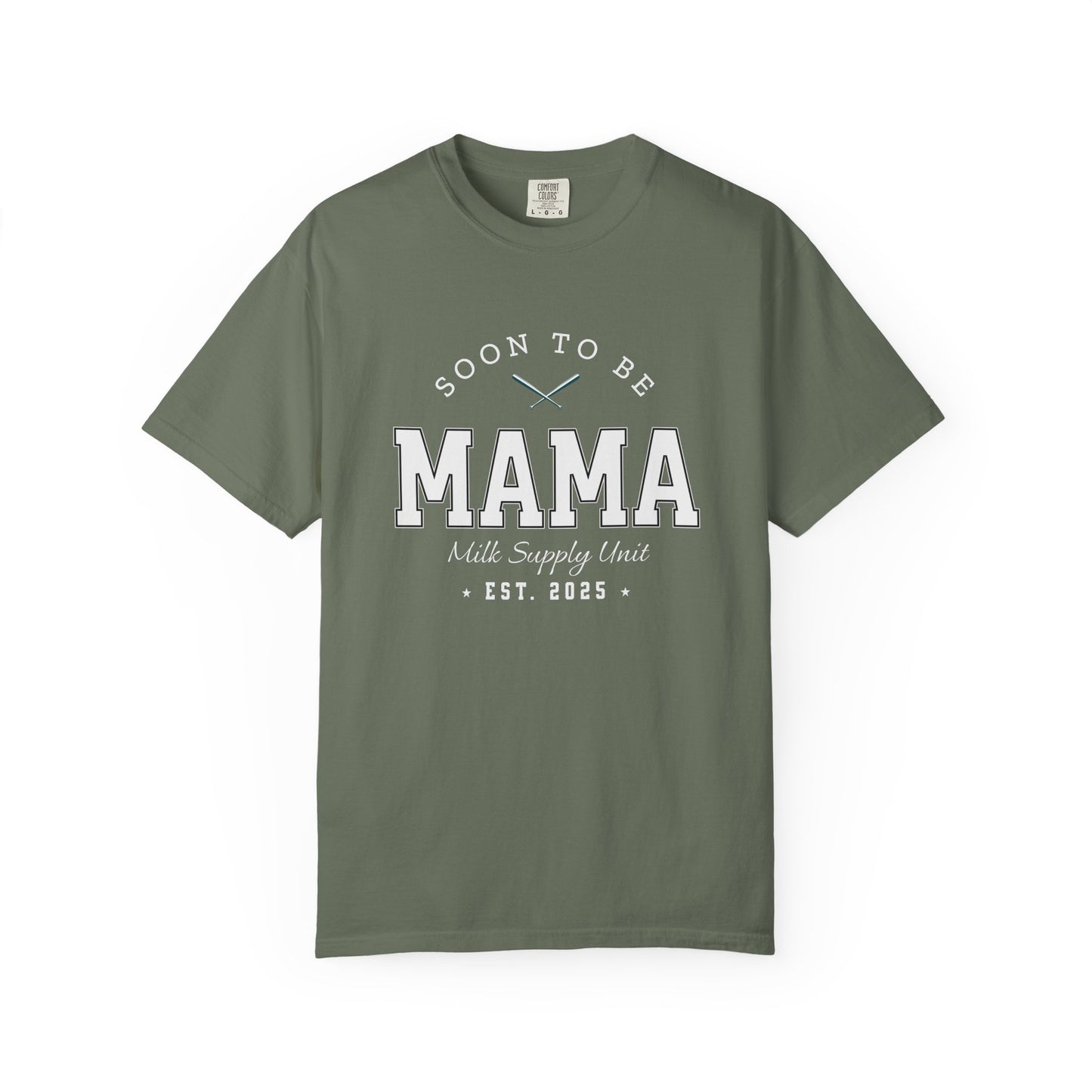 Green t-shirt with 'Soon to be Mama' text on a white background