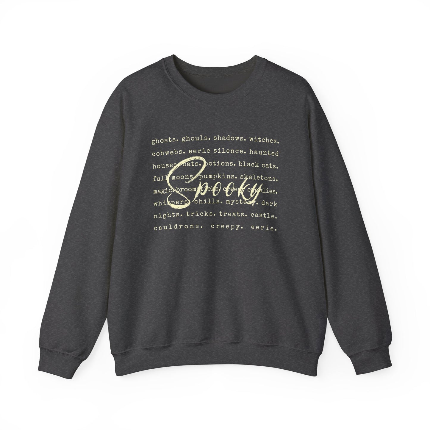 Dark gray sweatshirt with white text on a white background