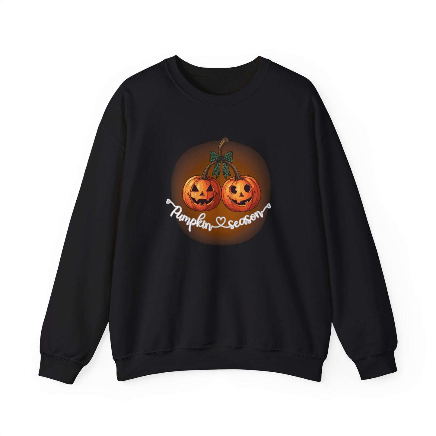 Black sweatshirt with Halloween-themed design of pumpkins and 'Pumpkin Season' text on a white background.