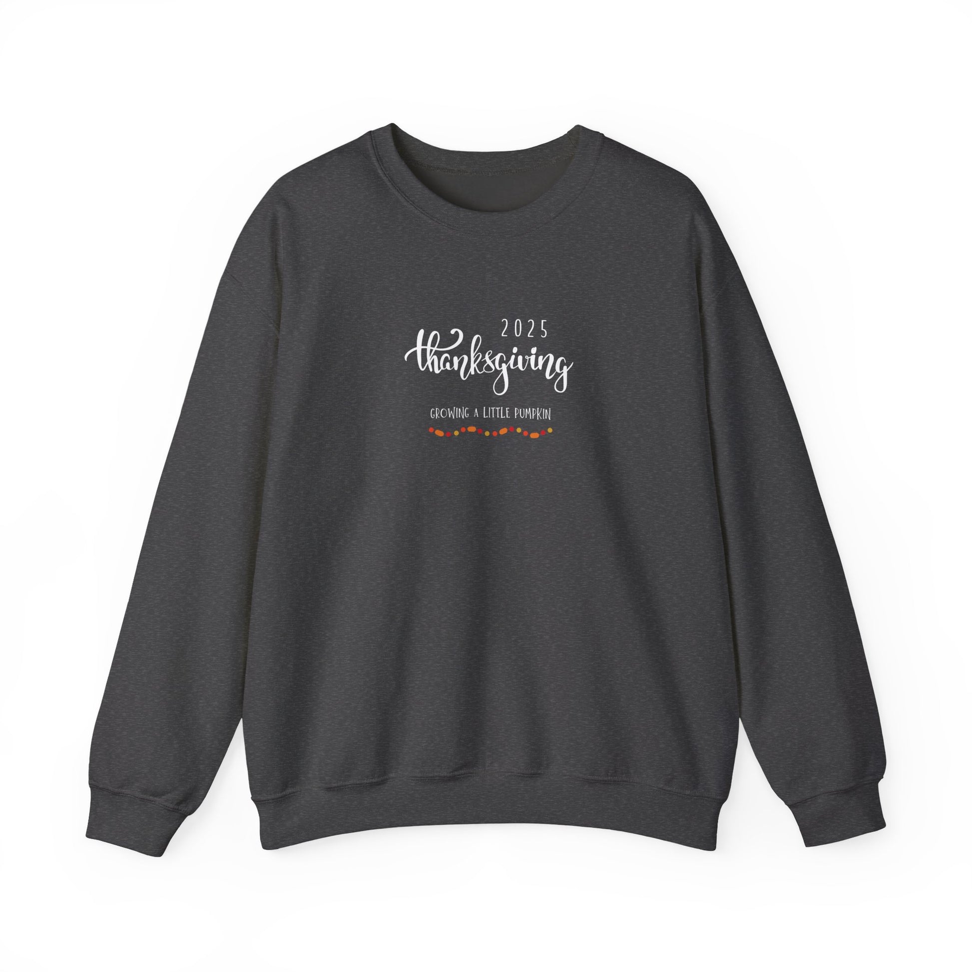 Dark gray sweatshirt with '2025 Thanksgiving Growing a Little Pumpkin' text on a white background