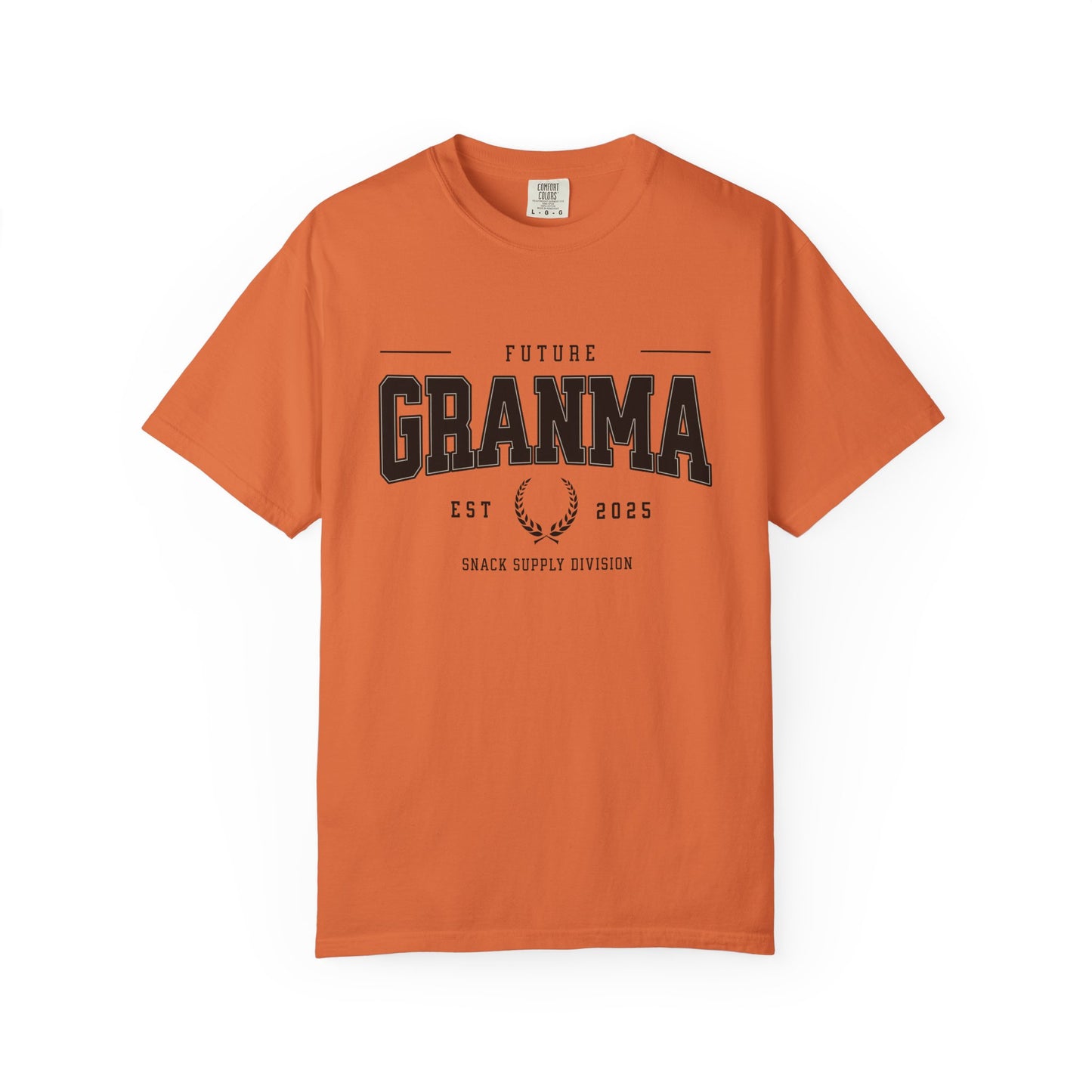 Orange t-shirt with 'Future Granma' text on a white background