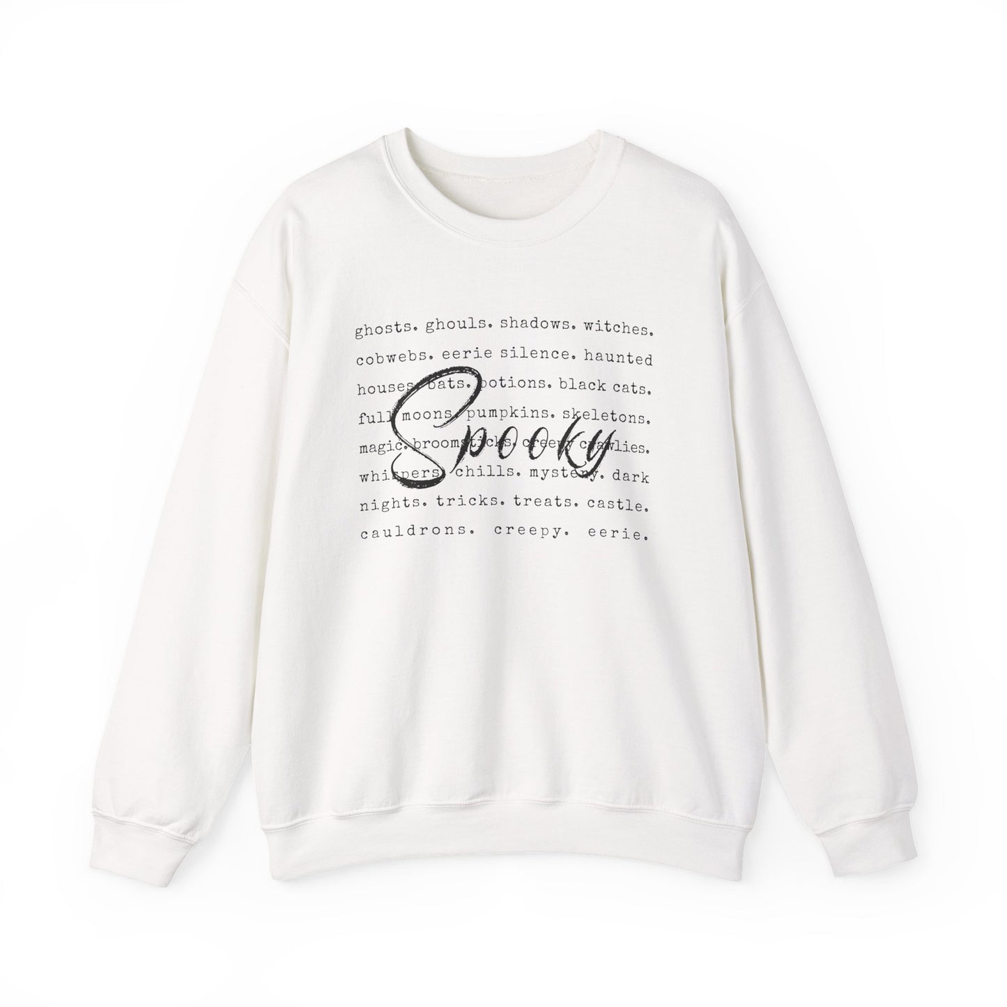 White sweatshirt with Halloween-themed text design on a white background