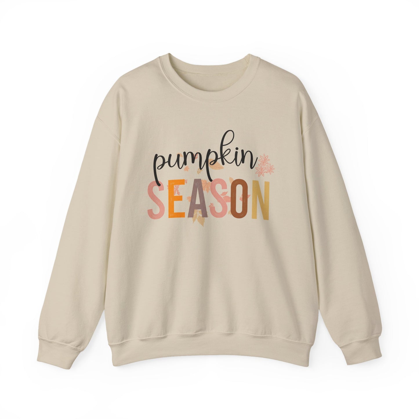 Beige sweatshirt with 'pumpkin season' text on a white background