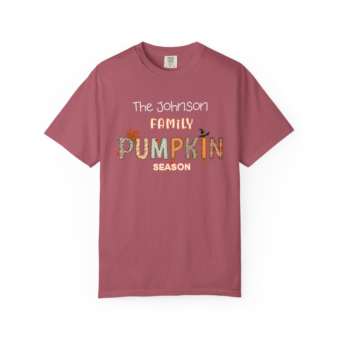 Maroon t-shirt with 'The Johnson Family Pumpkin Season' text on a white background