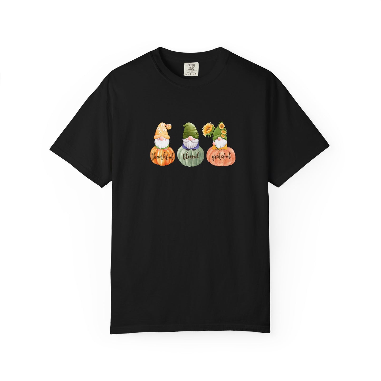 Black t-shirt with three gnomes and text design on a white background