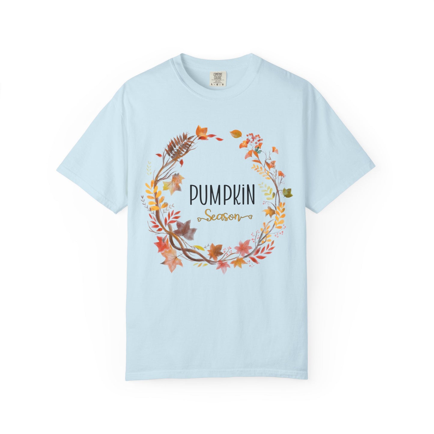 Light blue t-shirt with 'Pumpkin Season' design on a white background