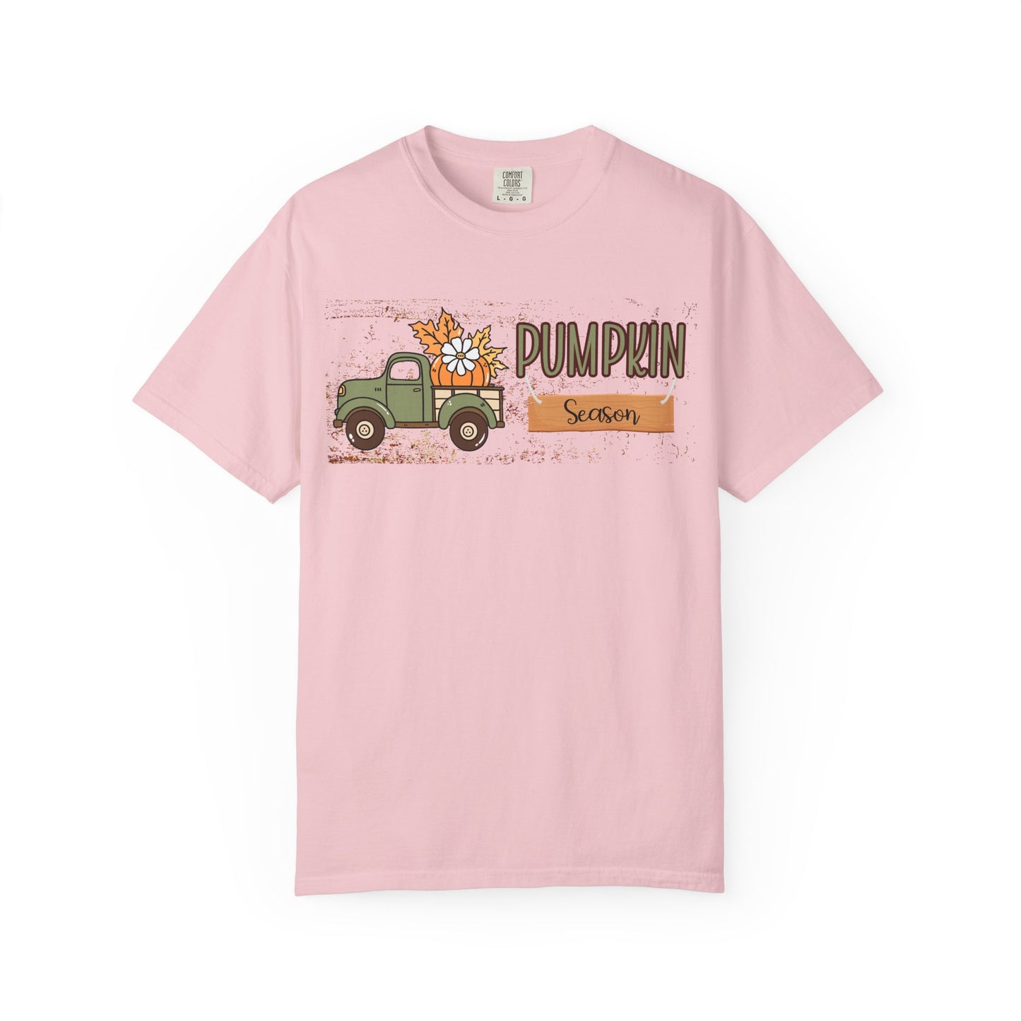 Pink t-shirt with a graphic of a truck and 'Pumpkin Season' text on a white background